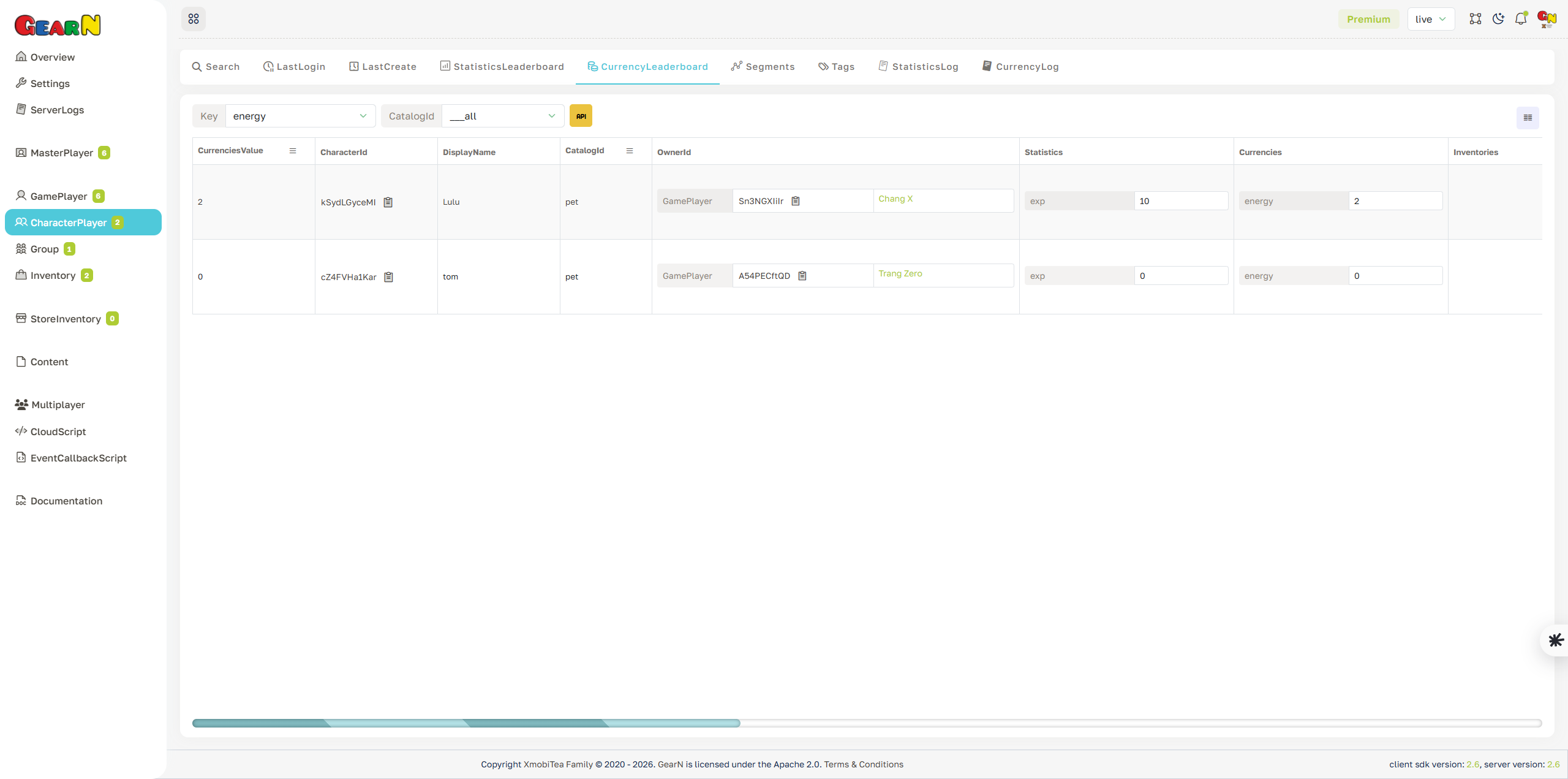 GearN dashboard character player currency leaderboard screenshot