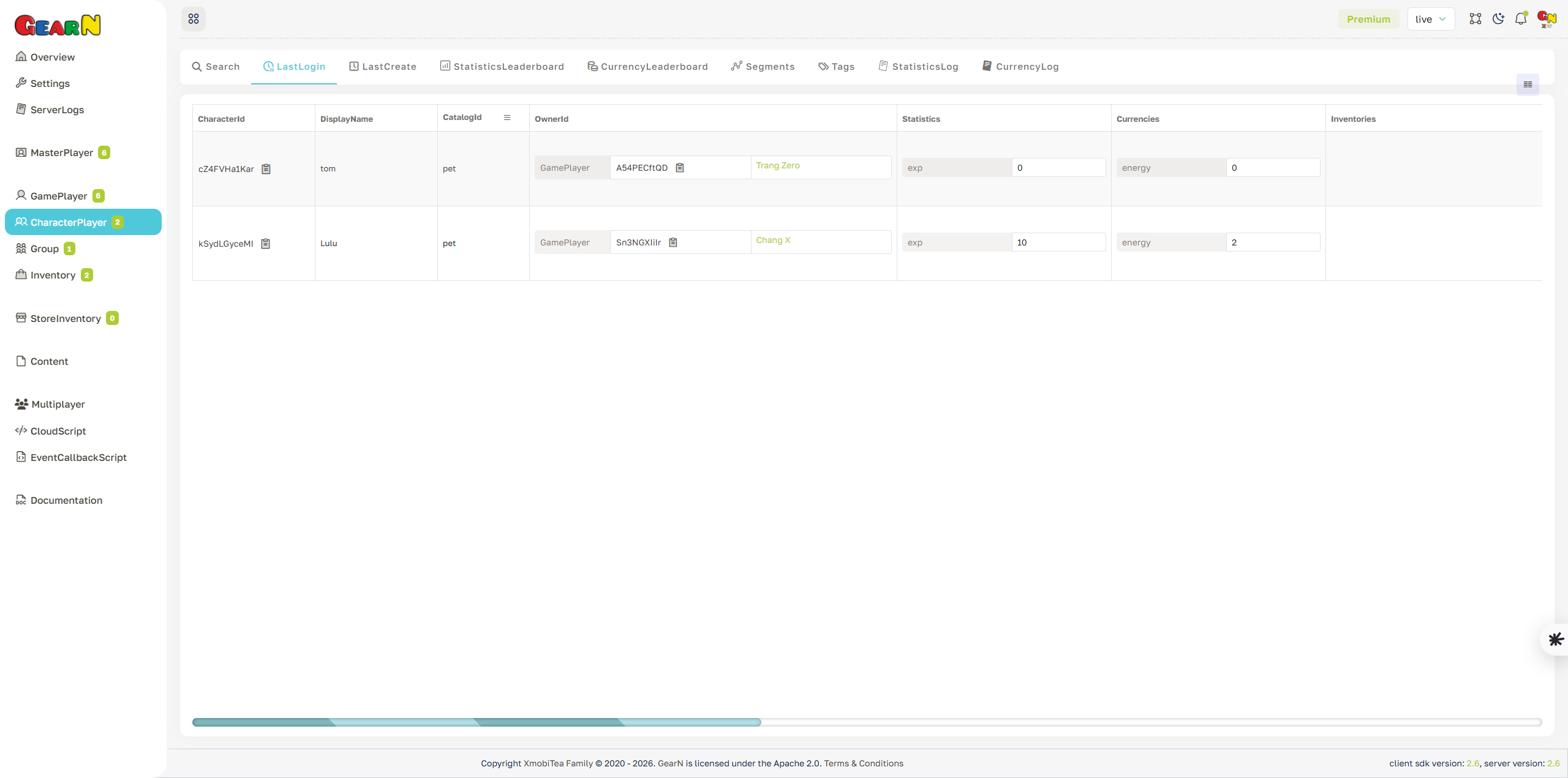 GearN dashboard character player last login screenshot