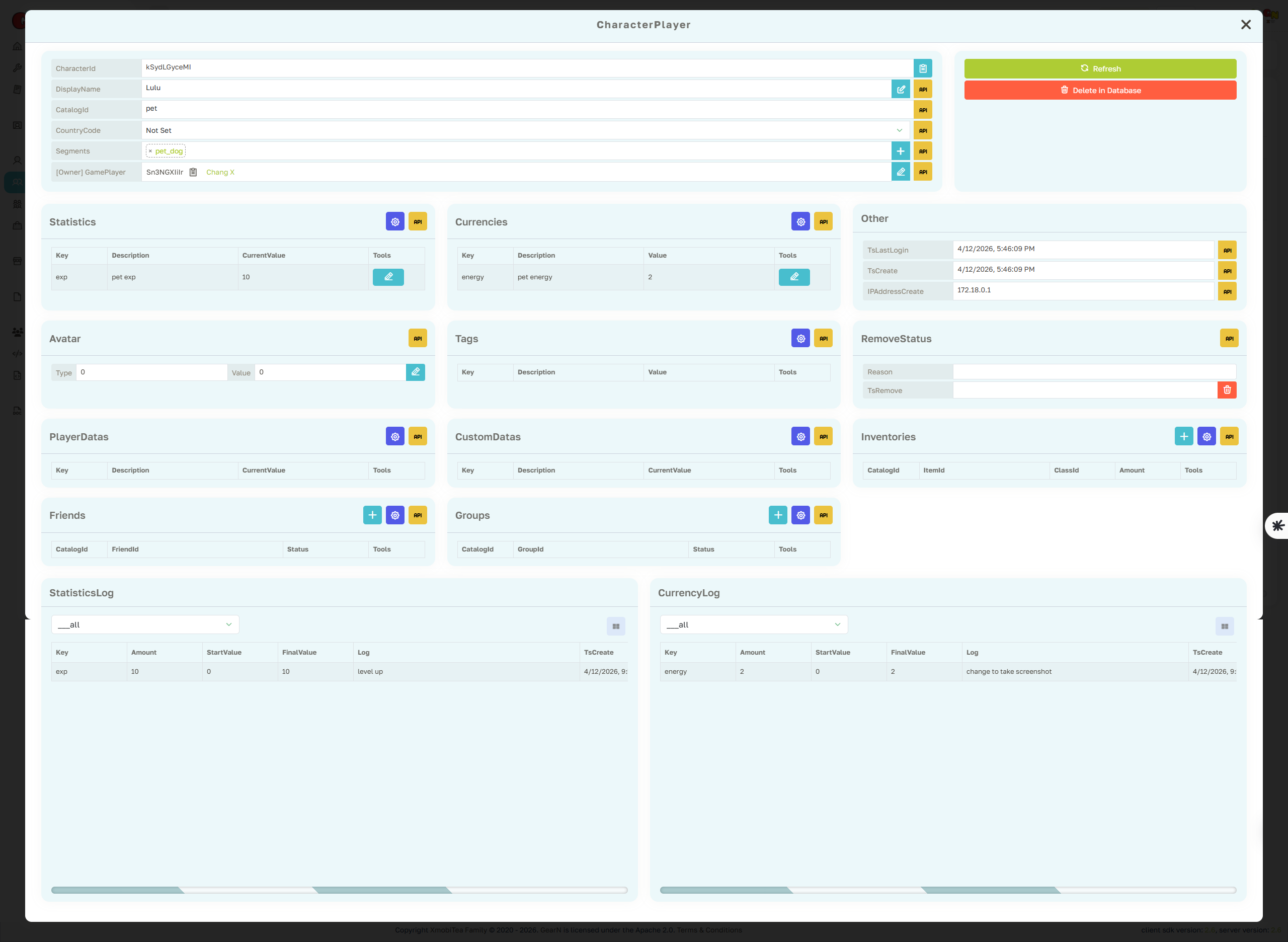 GearN dashboard character player profile page screenshot