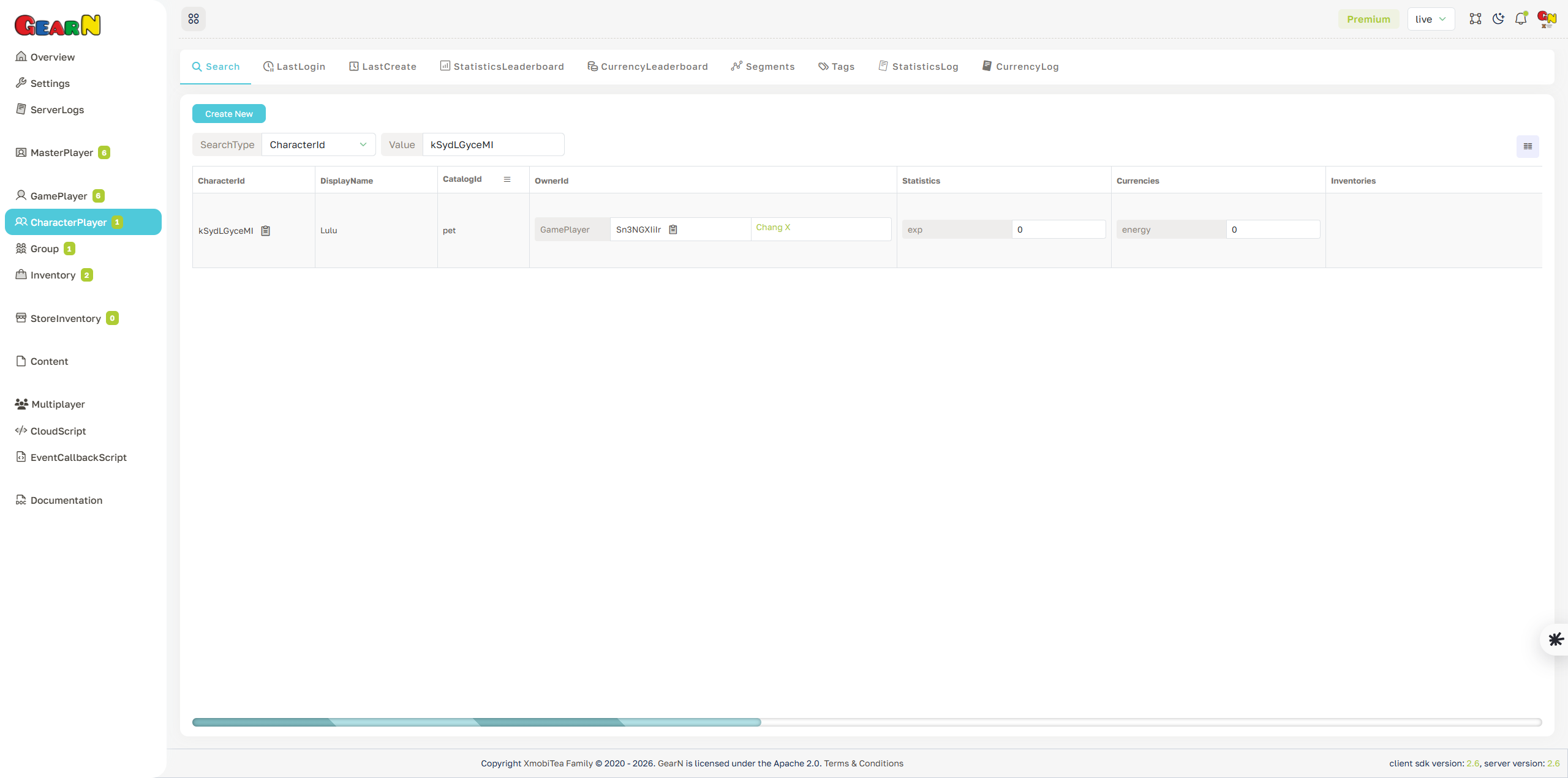 GearN dashboard character player search screenshot