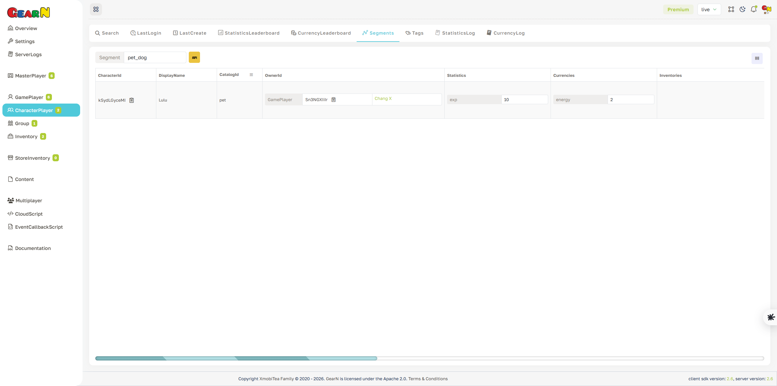 GearN dashboard character player segments screenshot