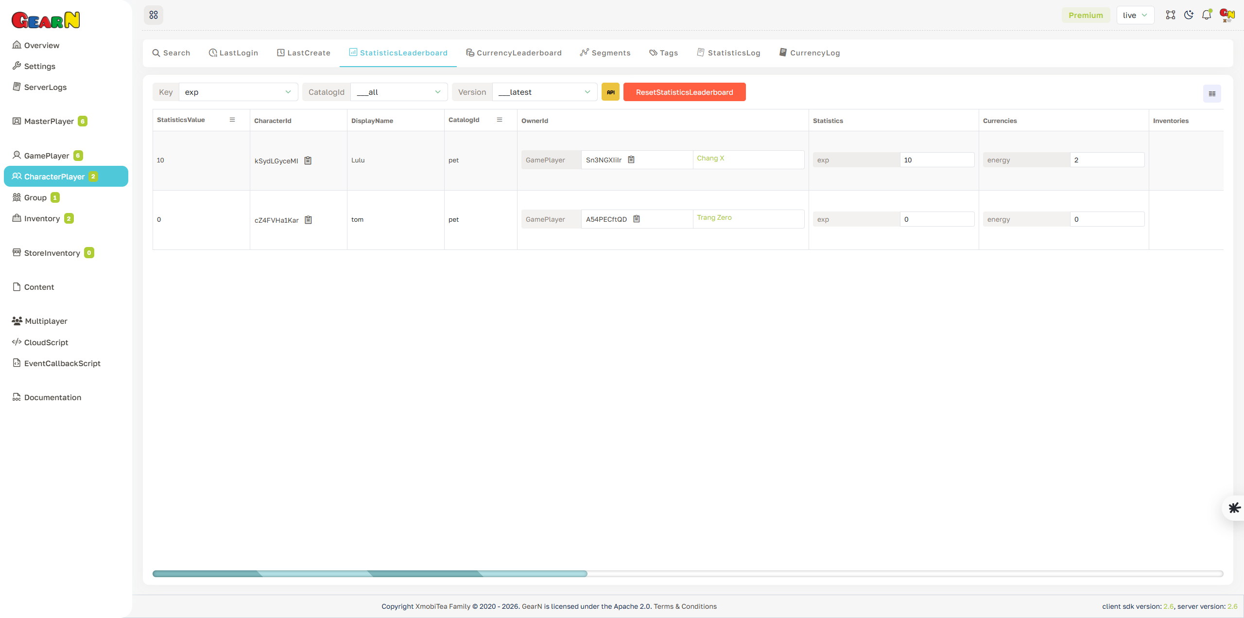 GearN dashboard character player statistics leaderboard screenshot