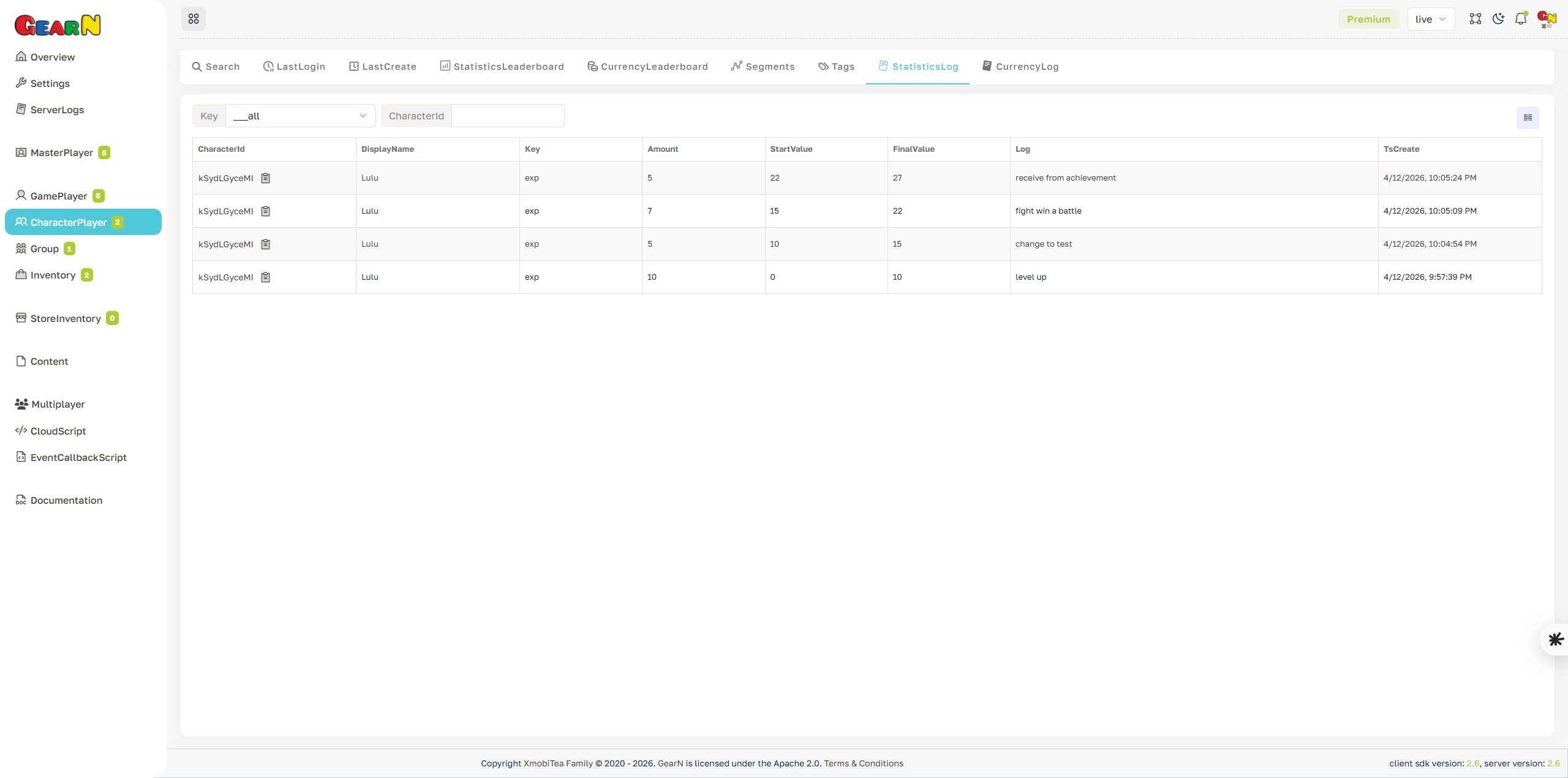 GearN dashboard character player statistics log screenshot