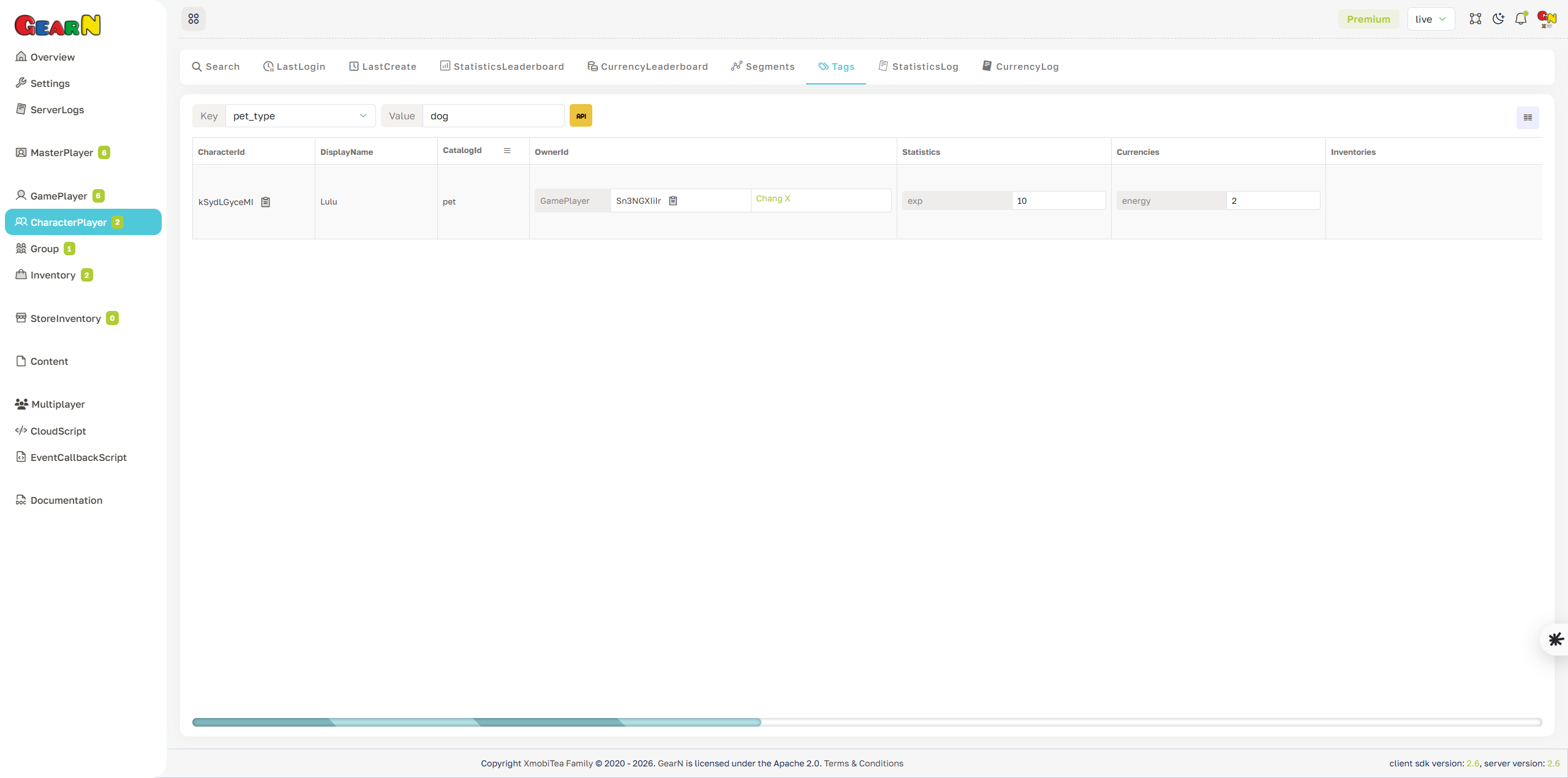 GearN dashboard character player tags screenshot