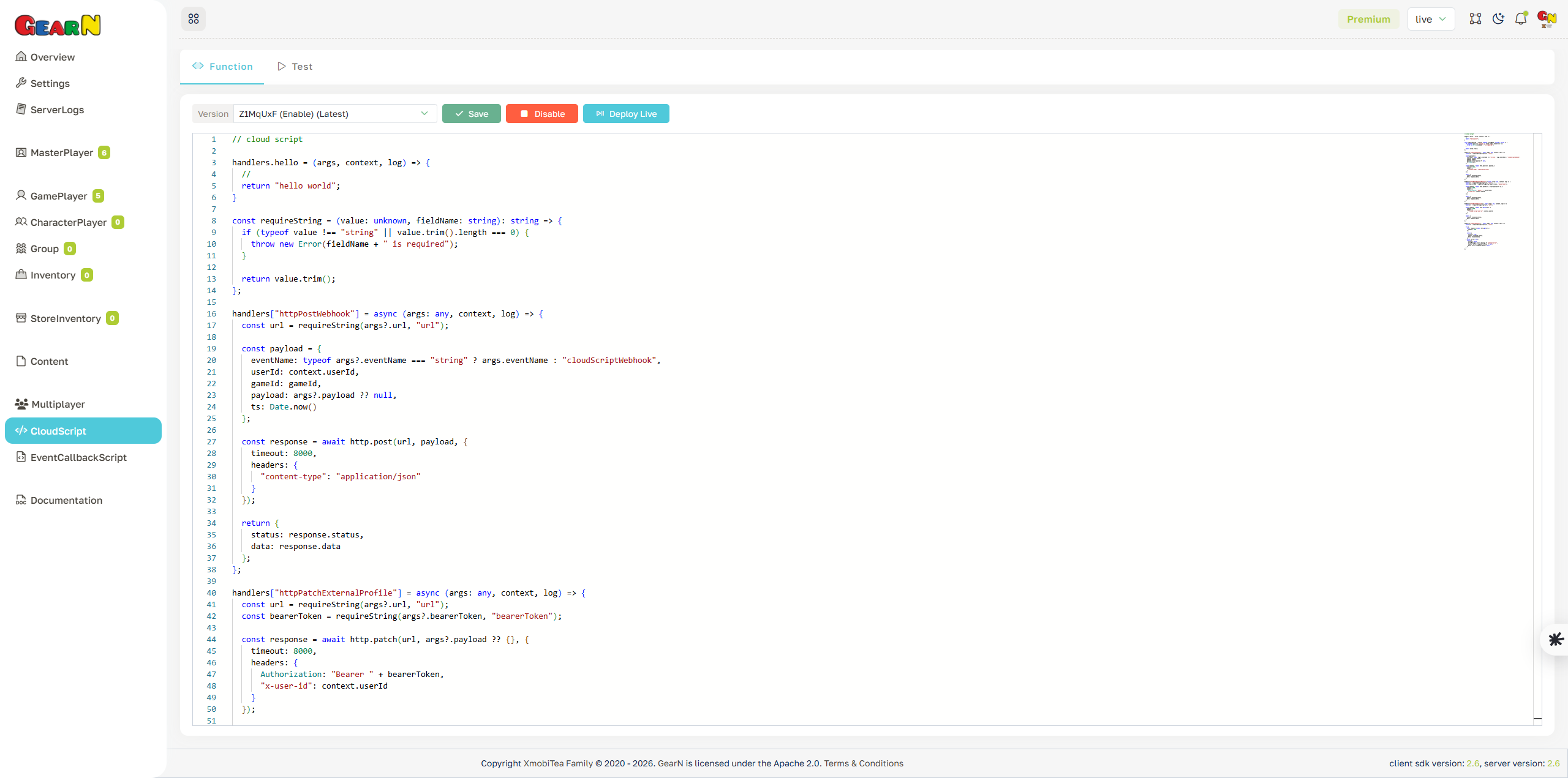 GearN dashboard cloud script function screenshot