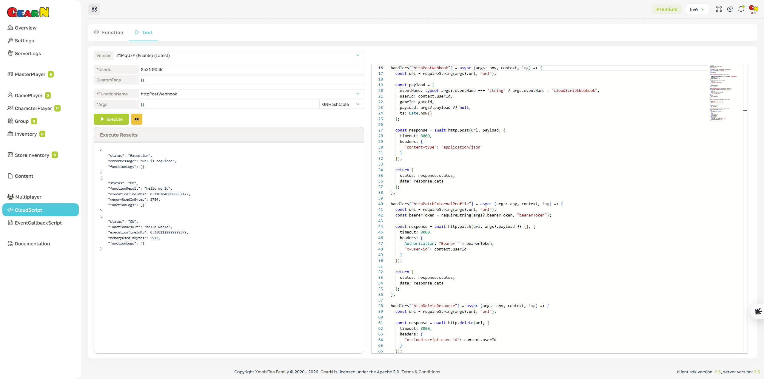 GearN dashboard cloud script test screenshot
