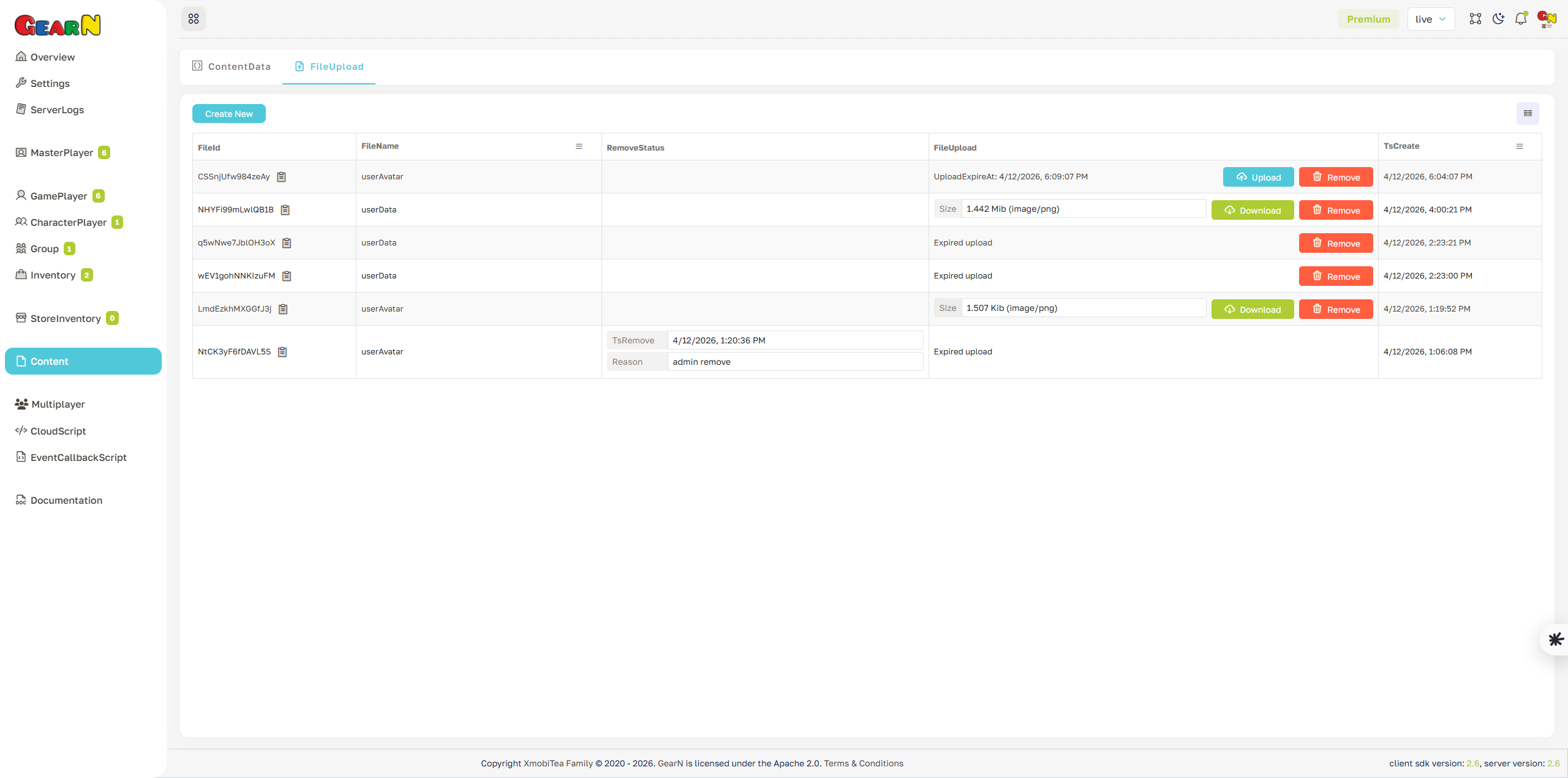 GearN dashboard content file upload screenshot