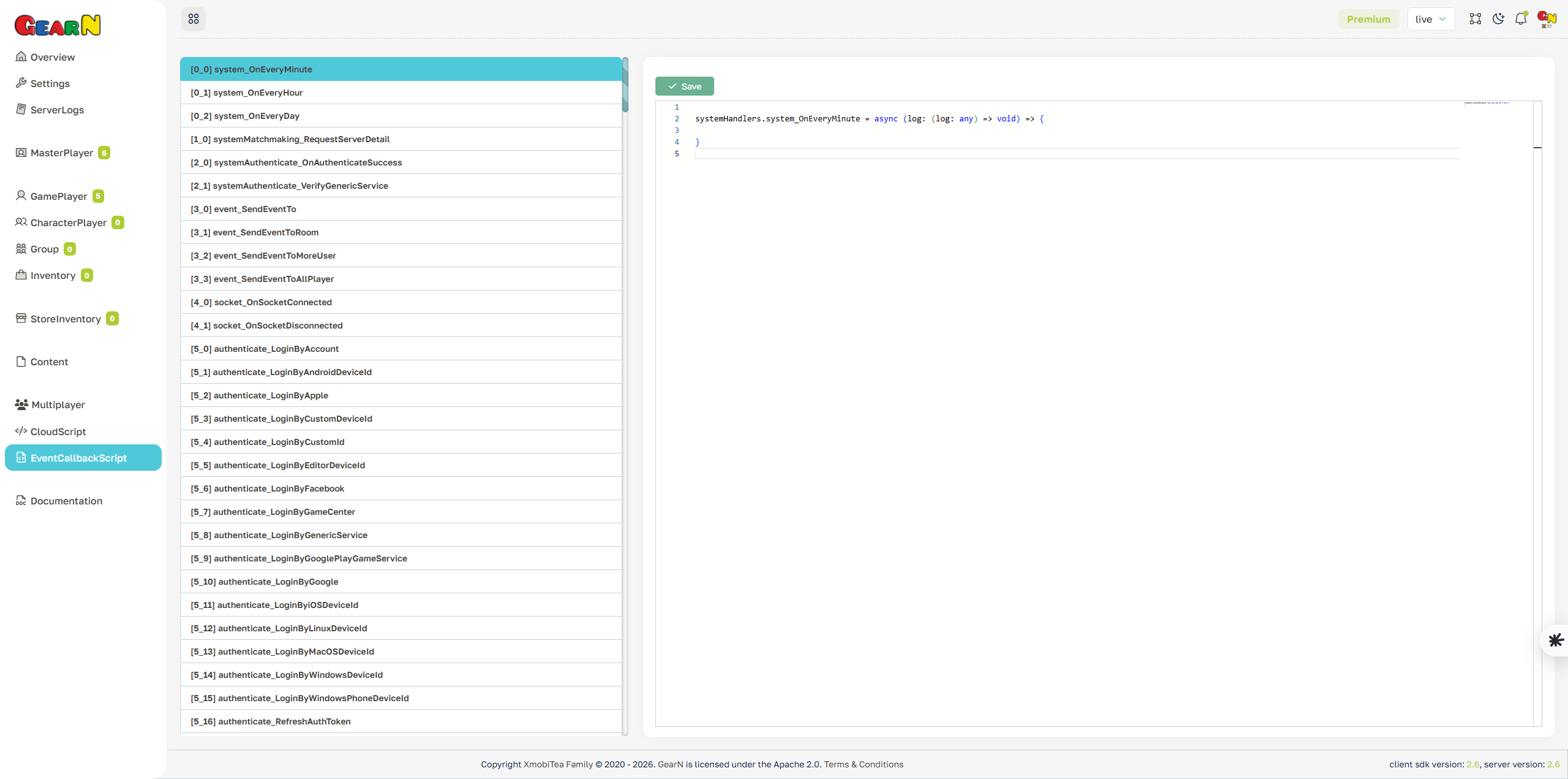 GearN dashboard event callback script screenshot