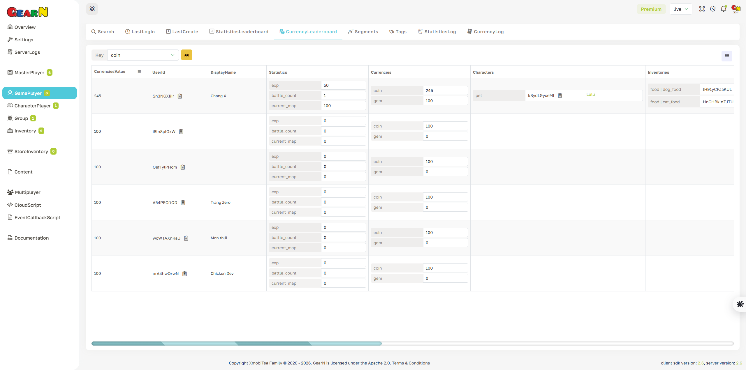GearN dashboard game player currency leaderboard screenshot