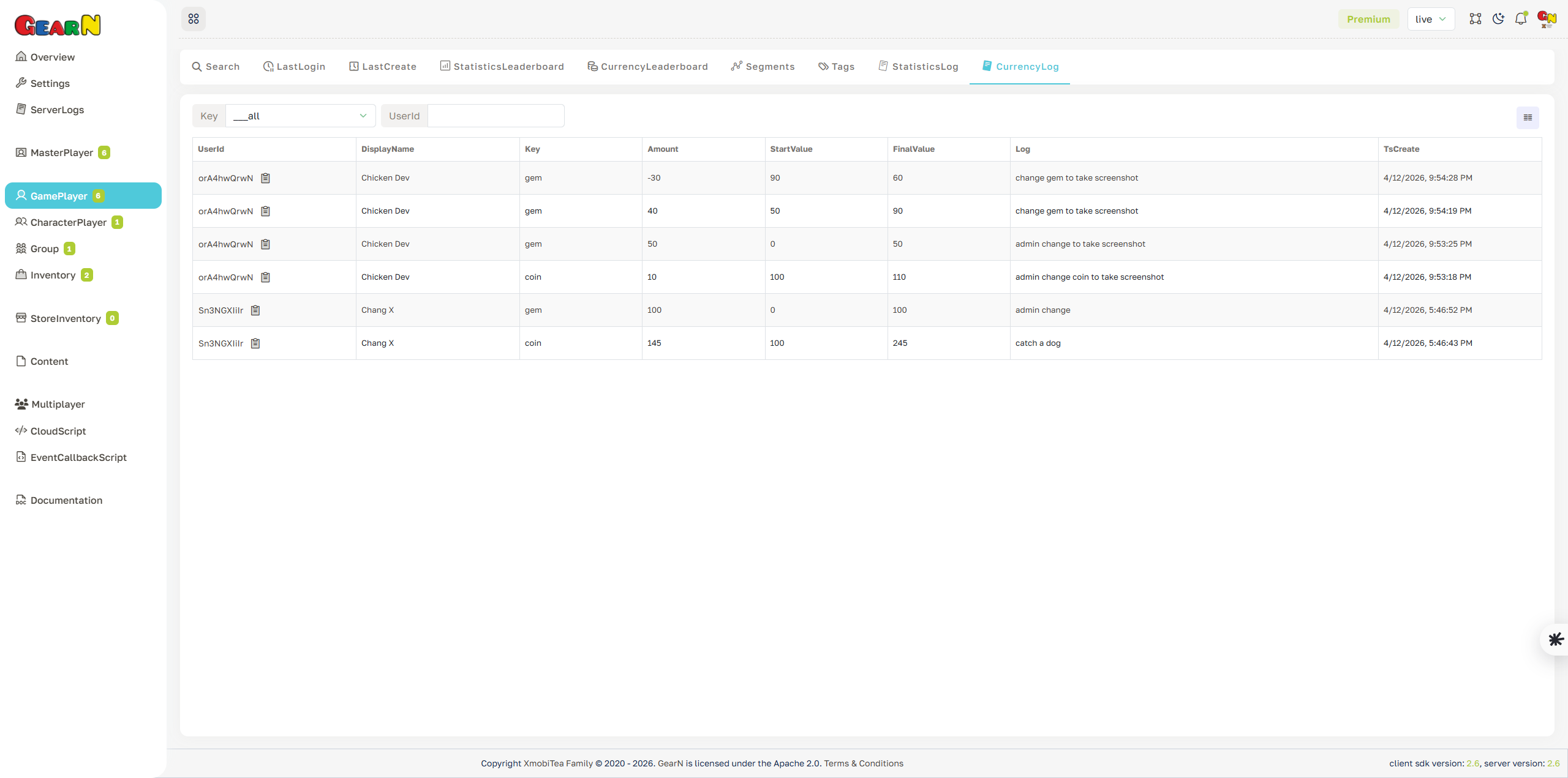 GearN dashboard game player currency log screenshot