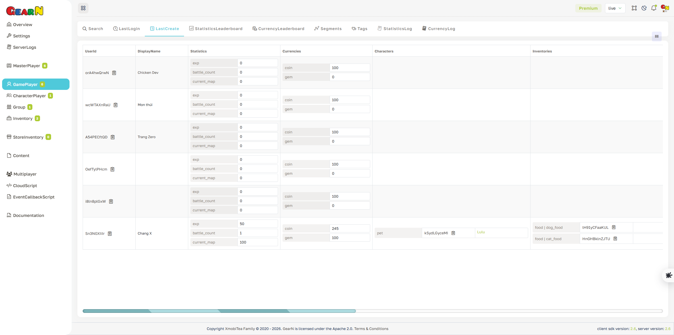 GearN dashboard game player last create screenshot