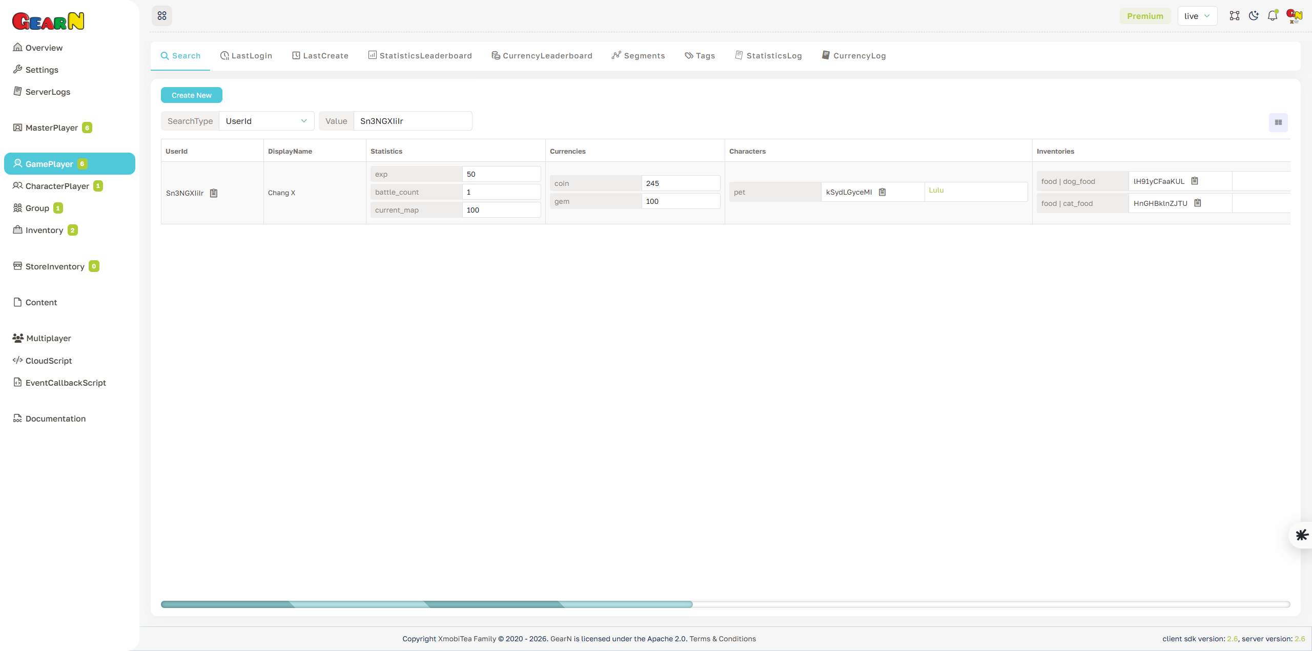 GearN dashboard game player search screenshot