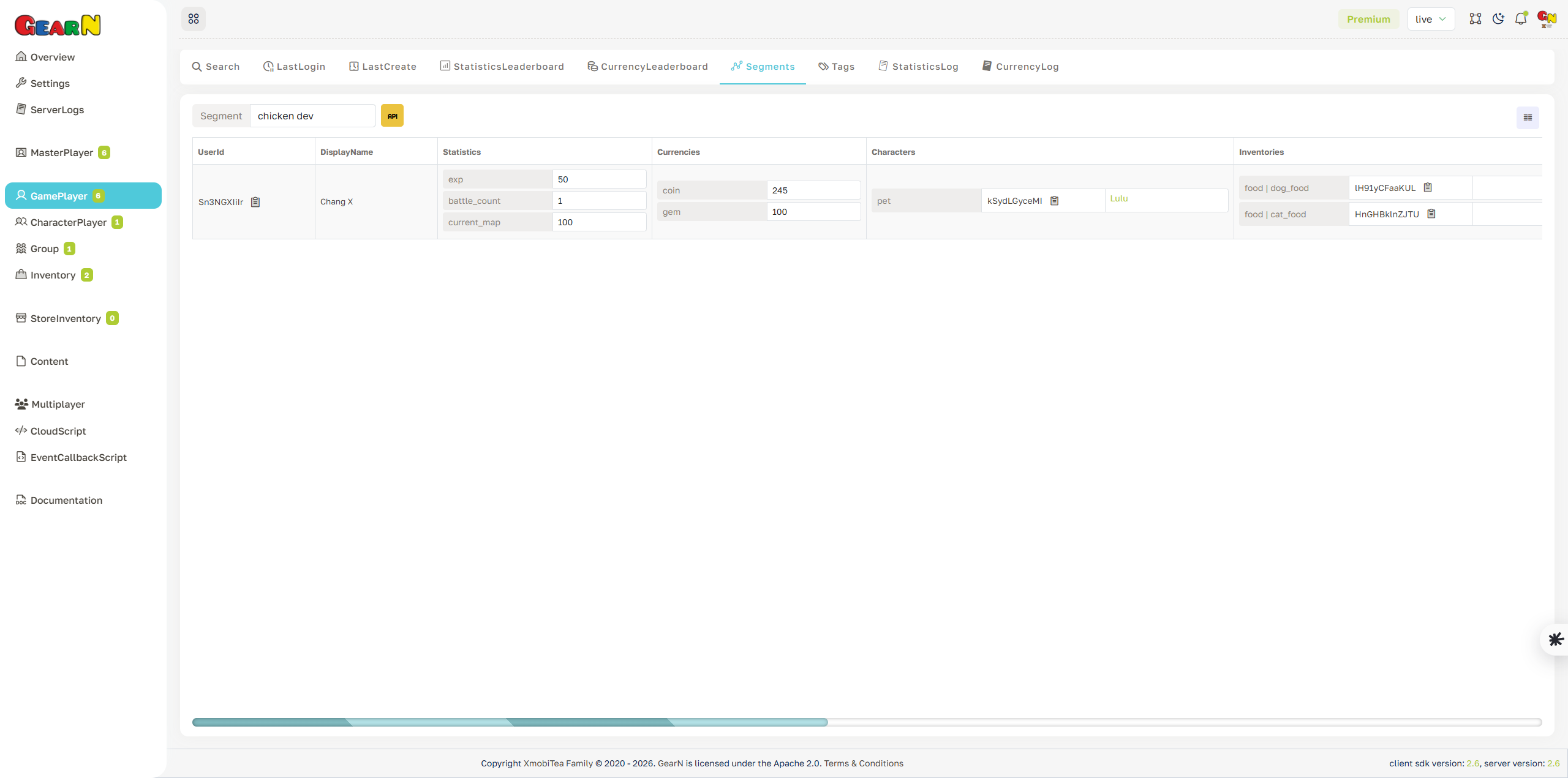 GearN dashboard game player segments screenshot