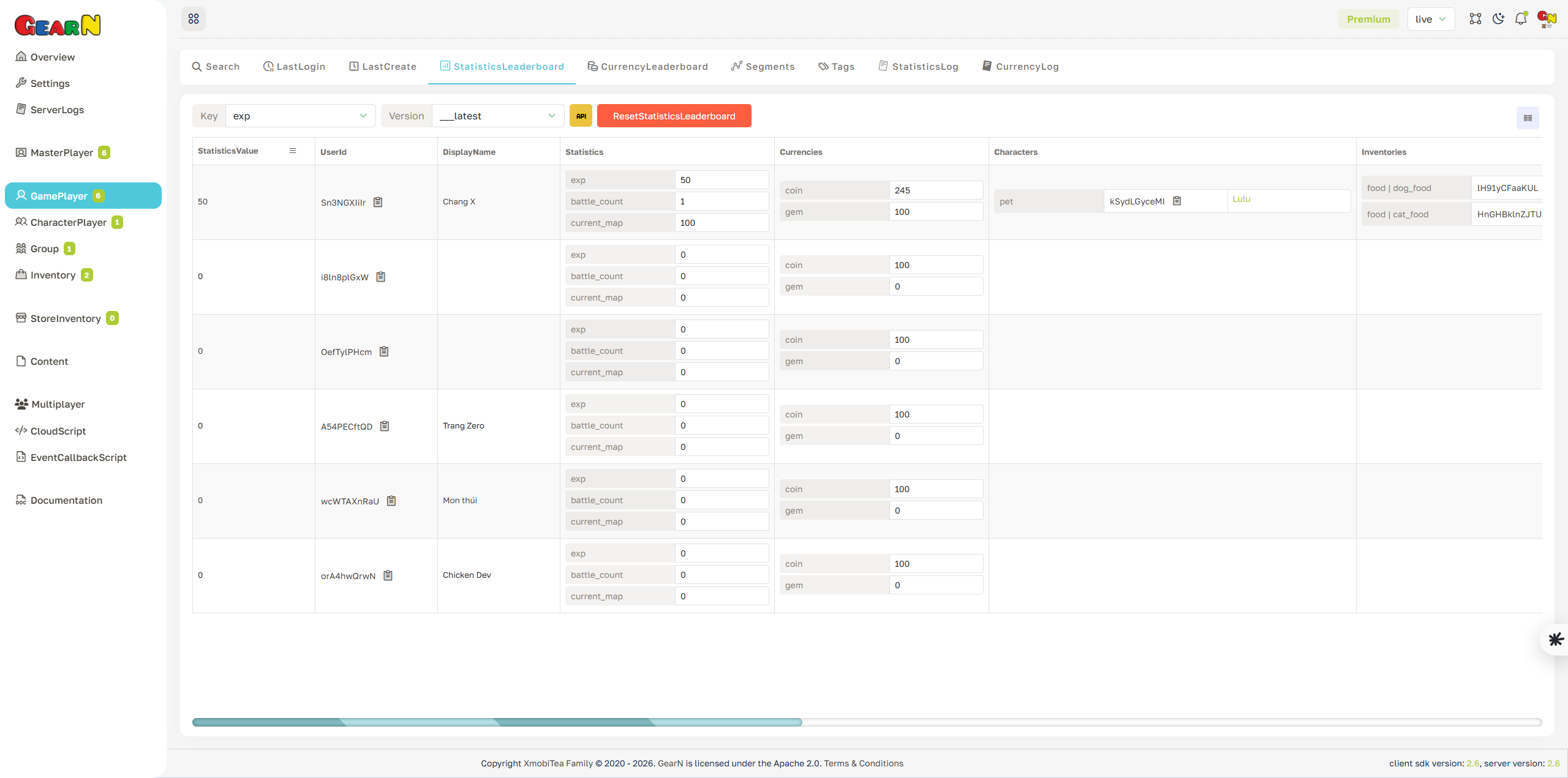 GearN dashboard game player statistics leaderboard screenshot