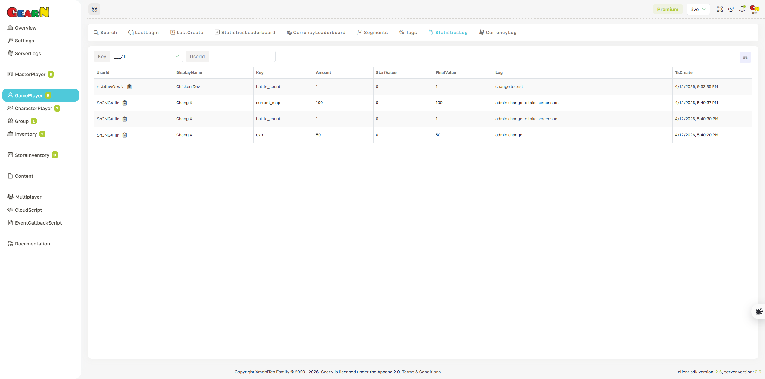 GearN dashboard game player statistics log screenshot