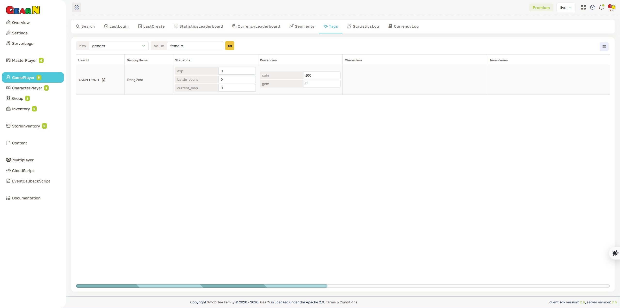 GearN dashboard game player tags screenshot