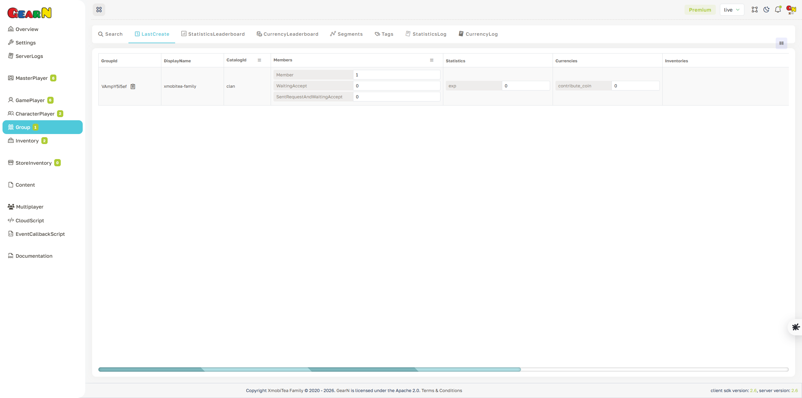GearN dashboard group last create screenshot