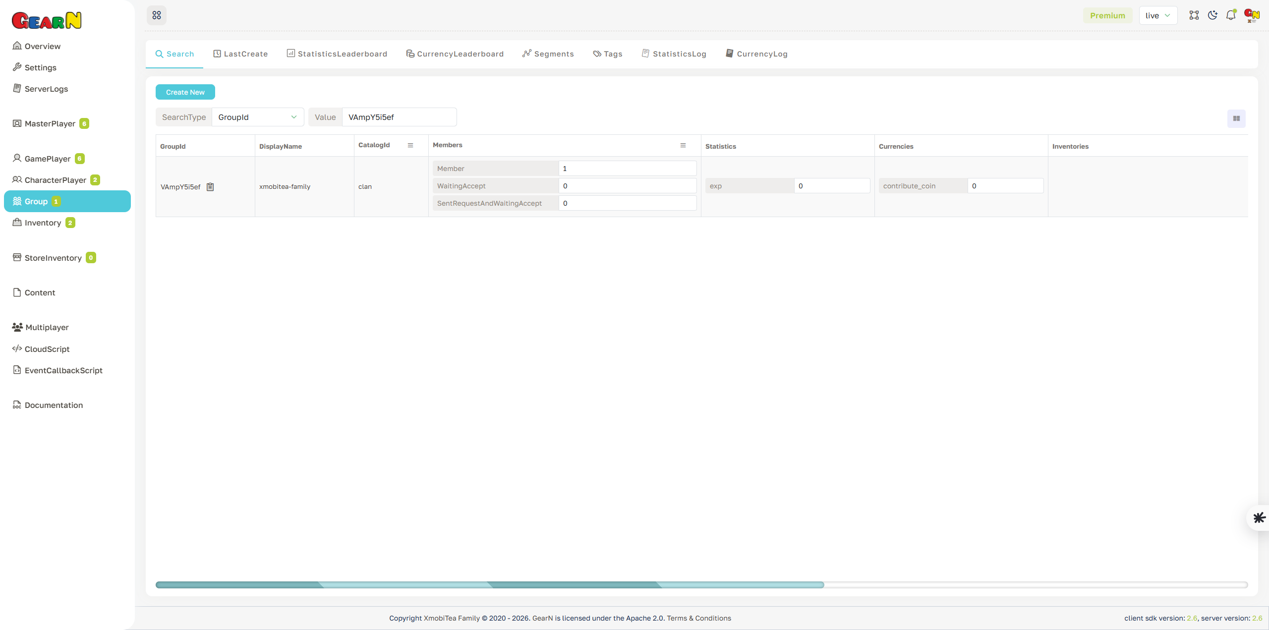 GearN dashboard group search screenshot