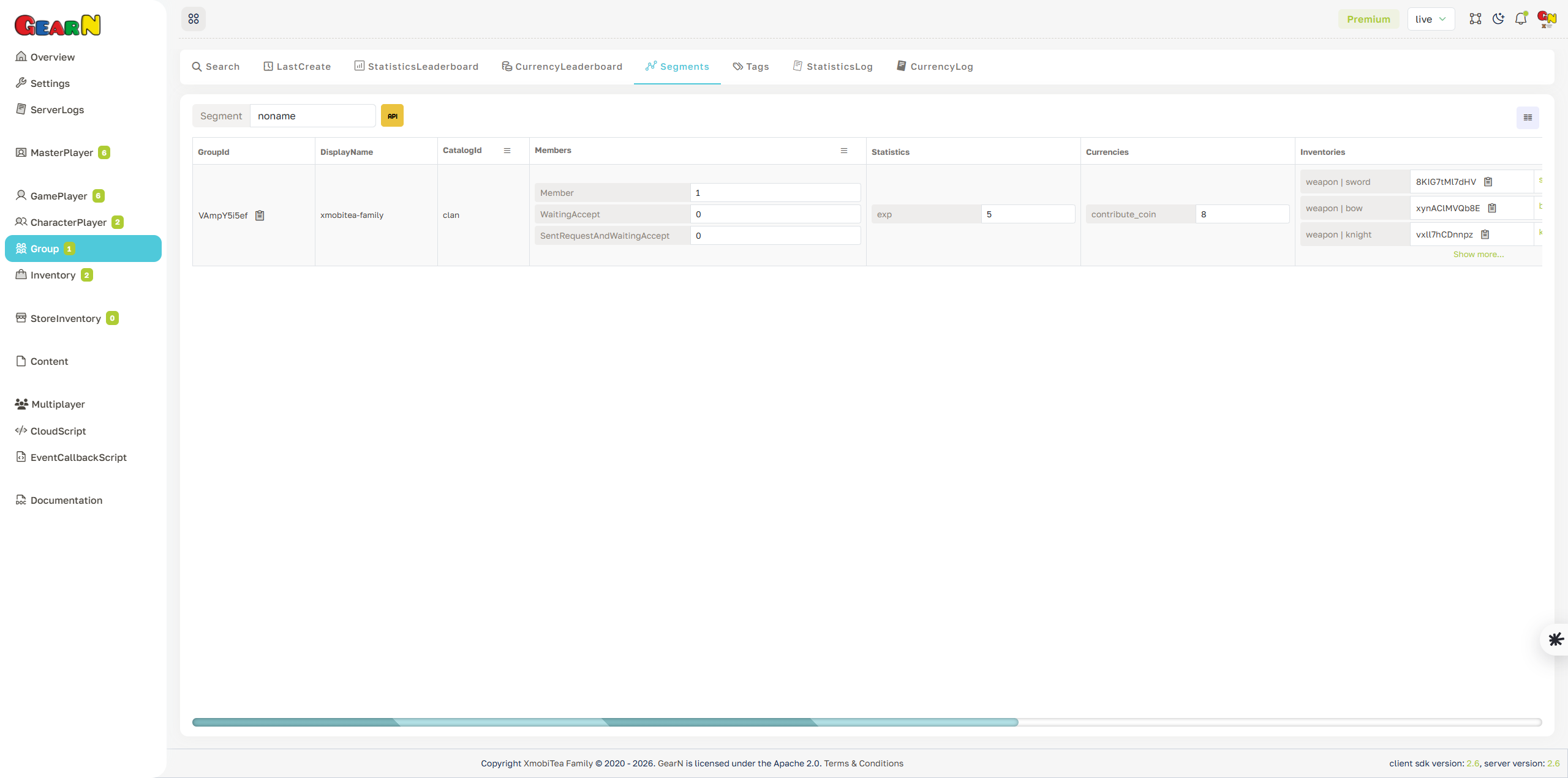 GearN dashboard group segments screenshot