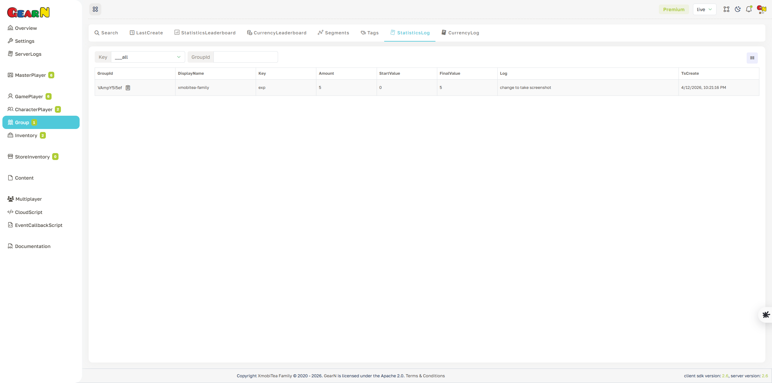 GearN dashboard group statistics log screenshot