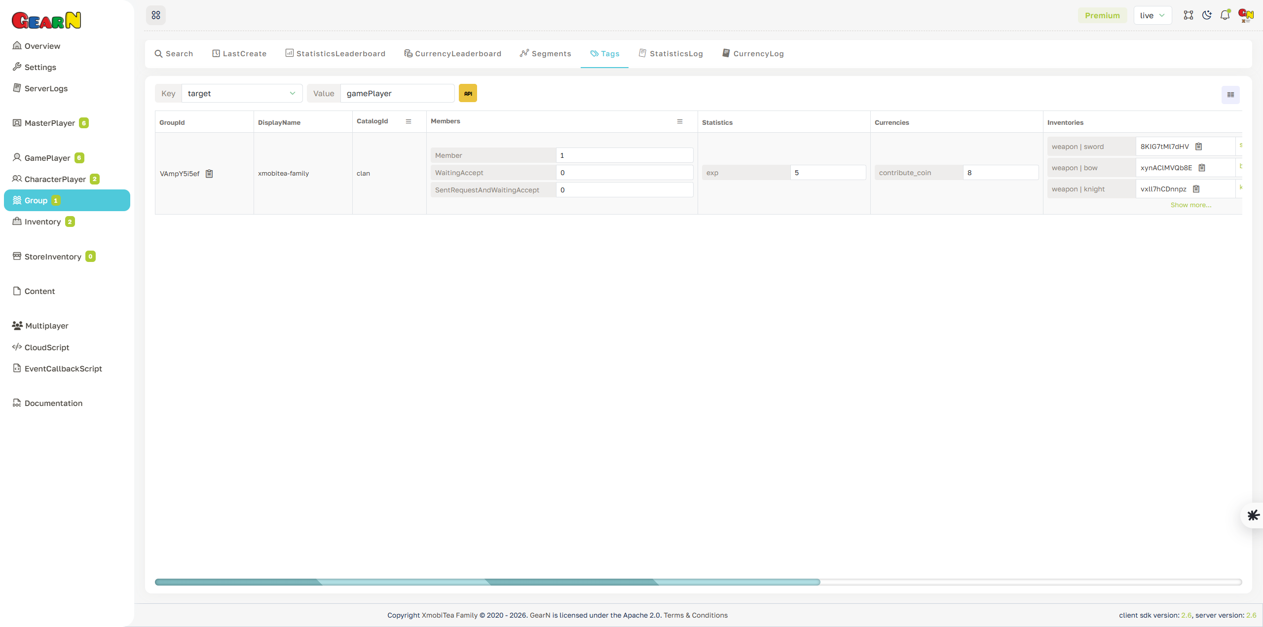 GearN dashboard group tags screenshot