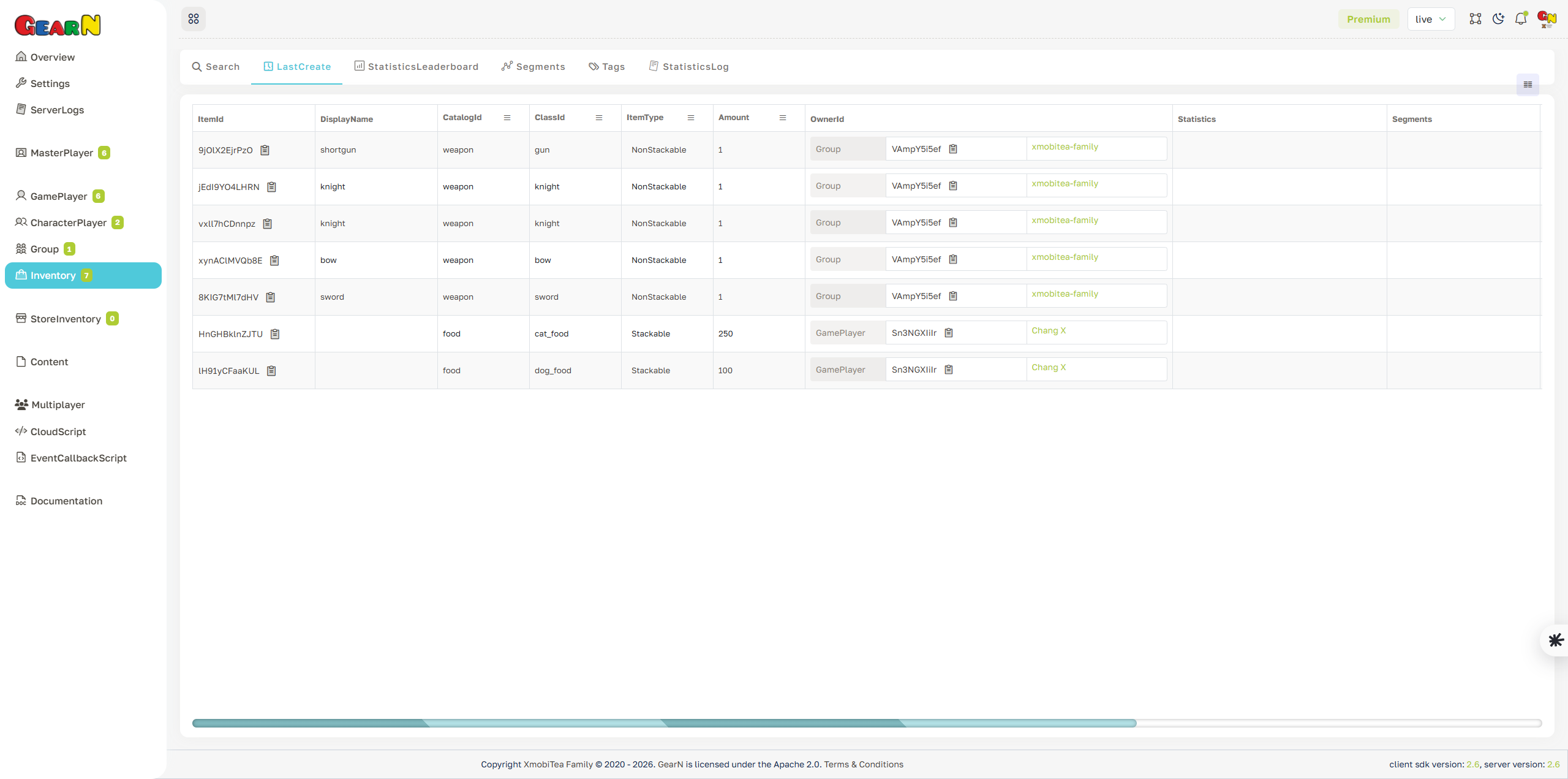 GearN dashboard inventory last create screenshot