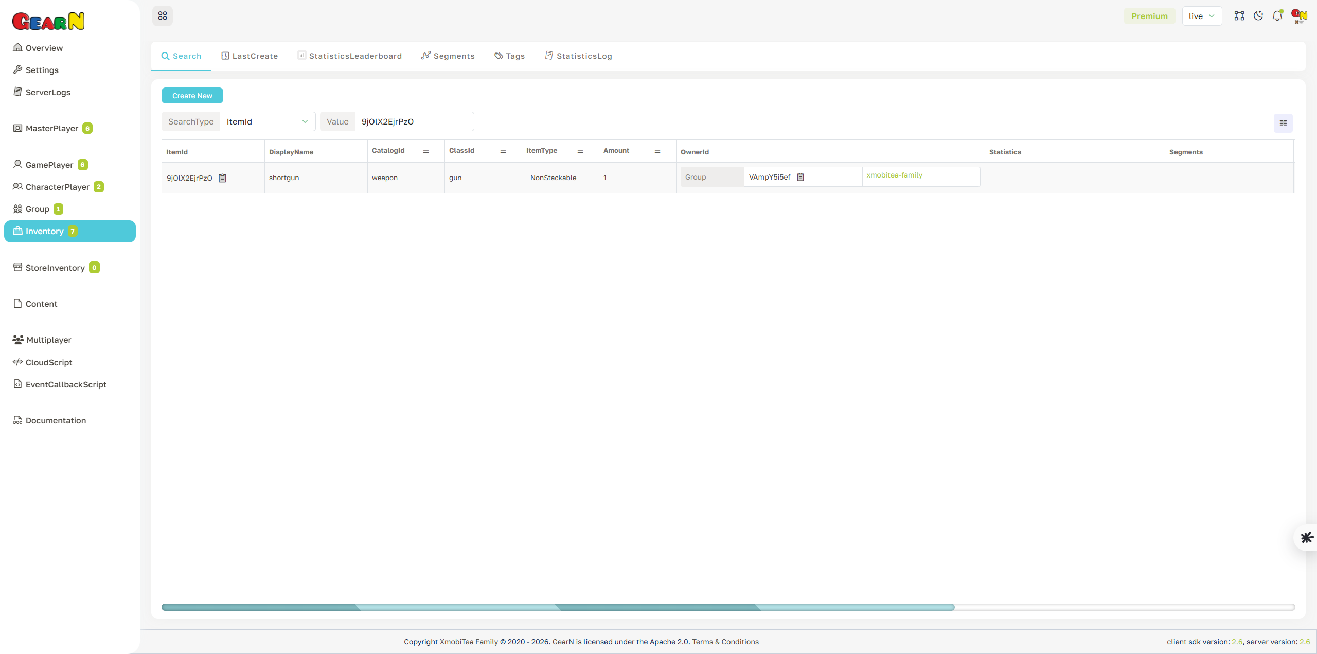 GearN dashboard inventory search screenshot