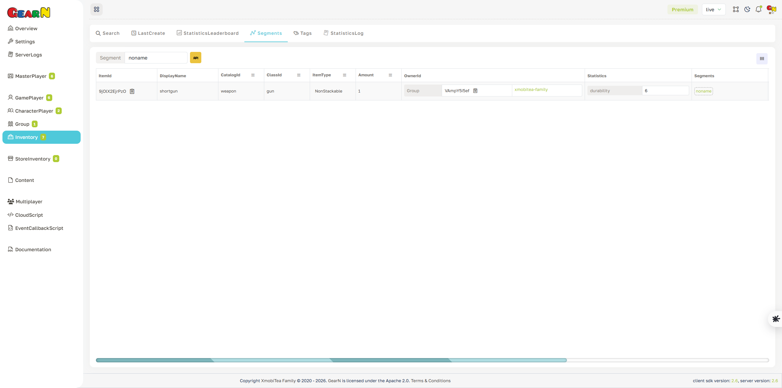 GearN dashboard inventory segments screenshot