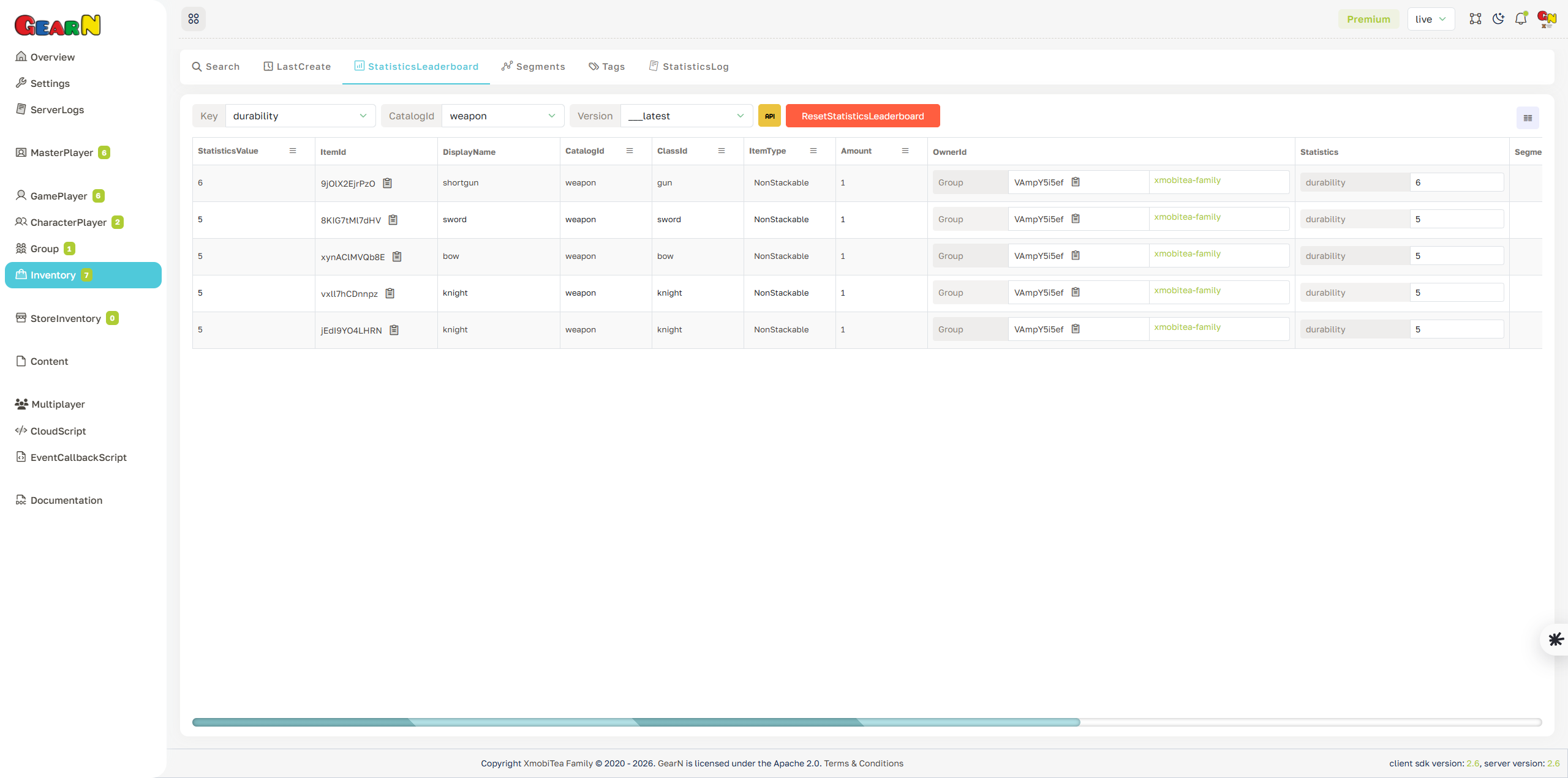 GearN dashboard inventory statistics leaderboard screenshot