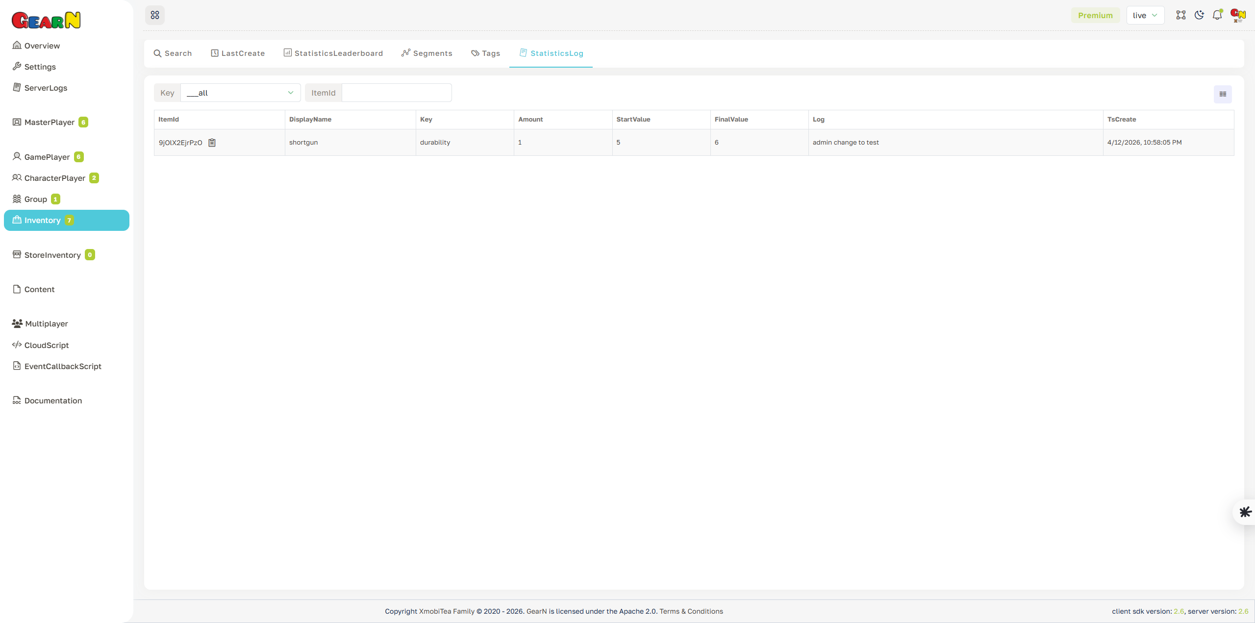 GearN dashboard inventory statistics log screenshot