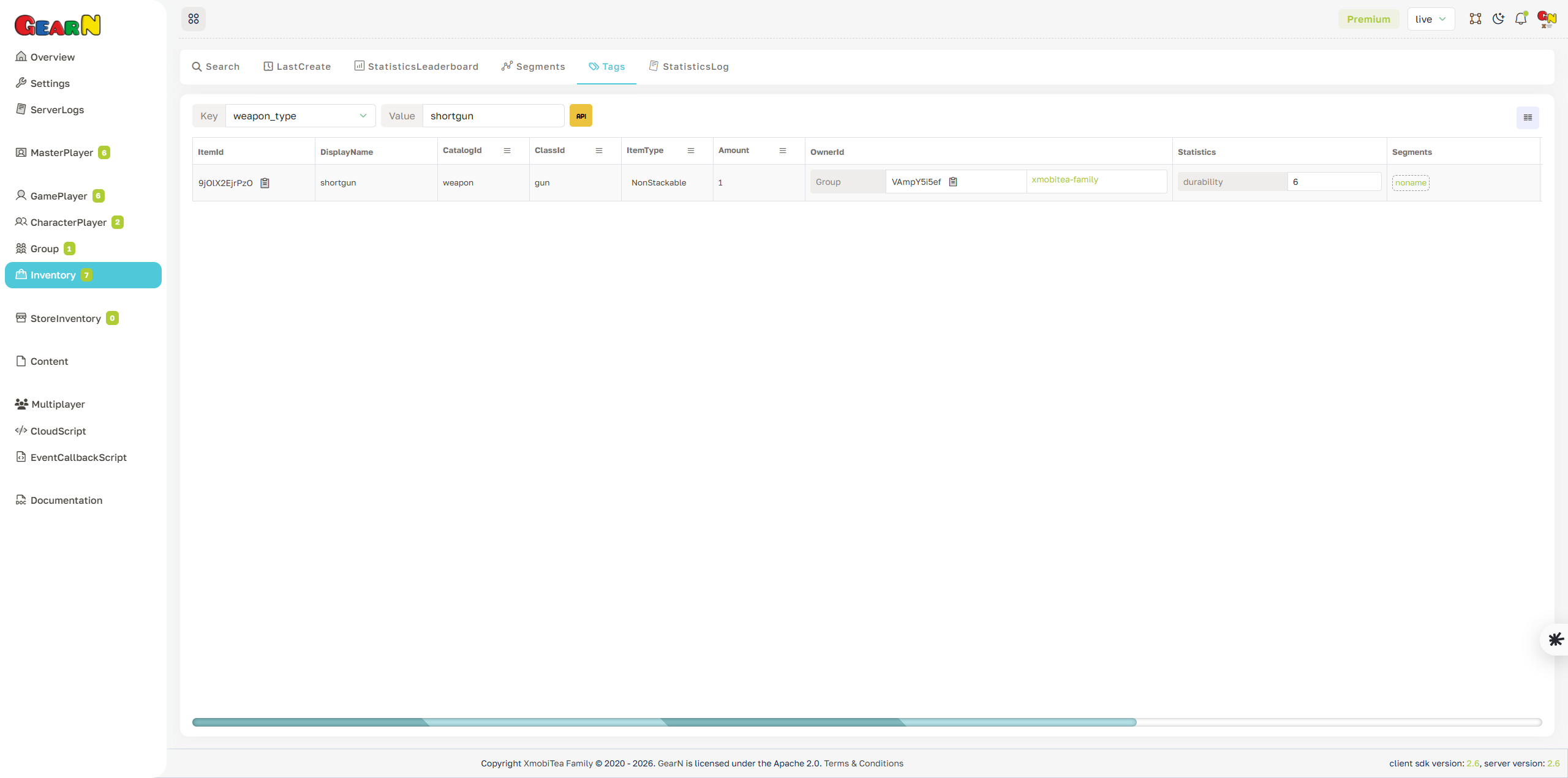 GearN dashboard inventory tags screenshot
