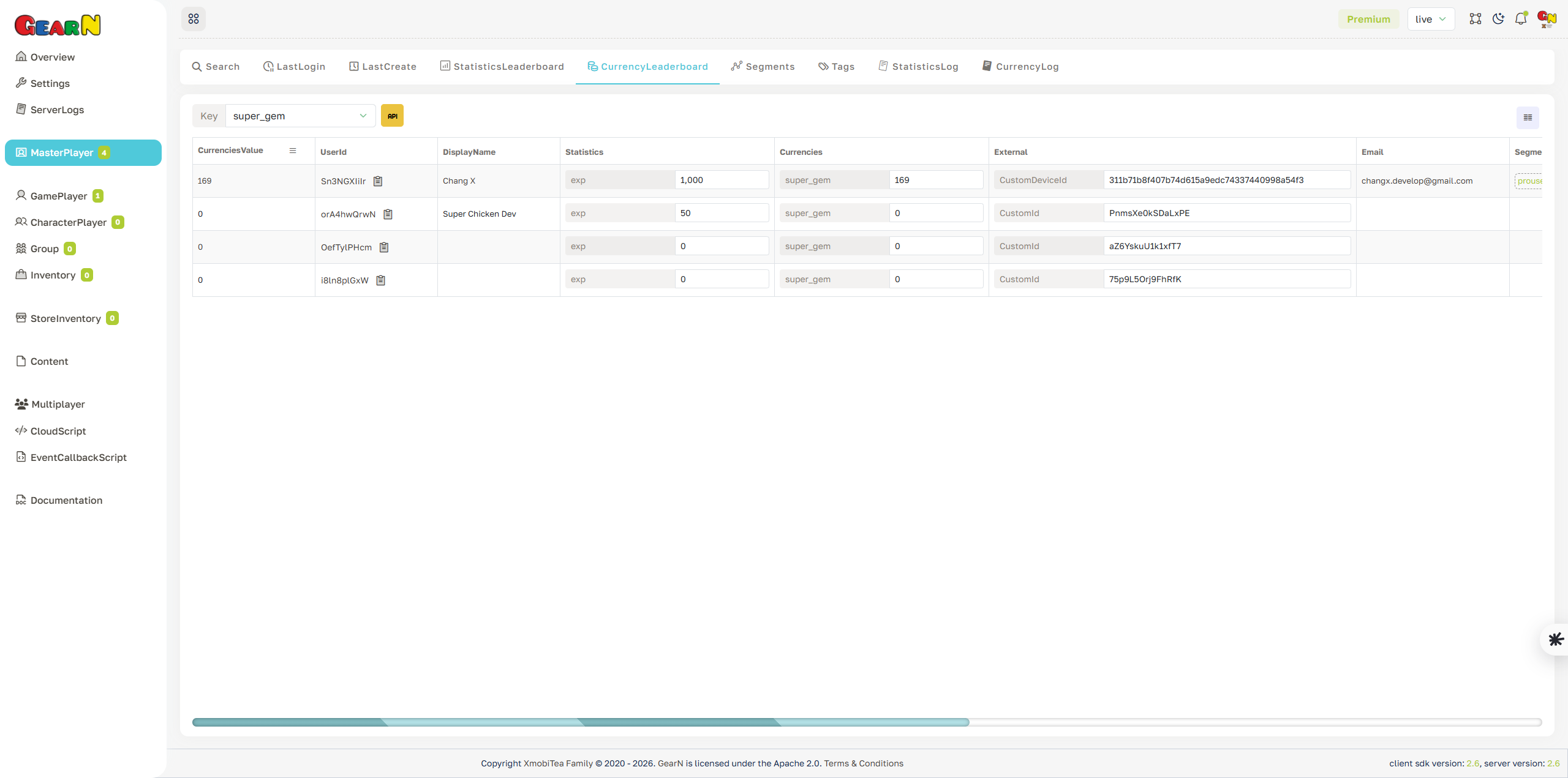 GearN dashboard master player currency leaderboard screenshot