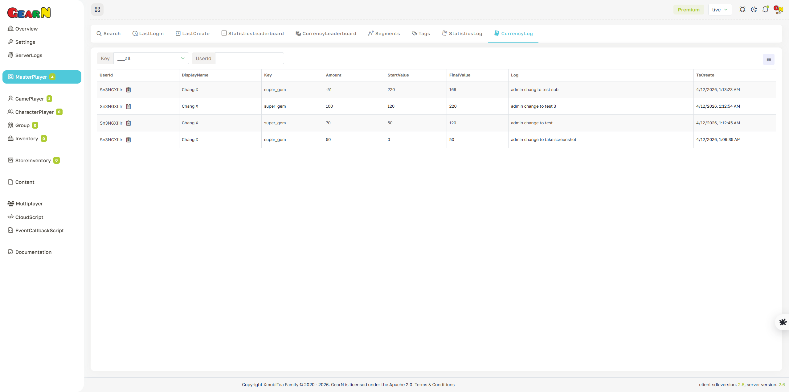 GearN dashboard master player currency log screenshot