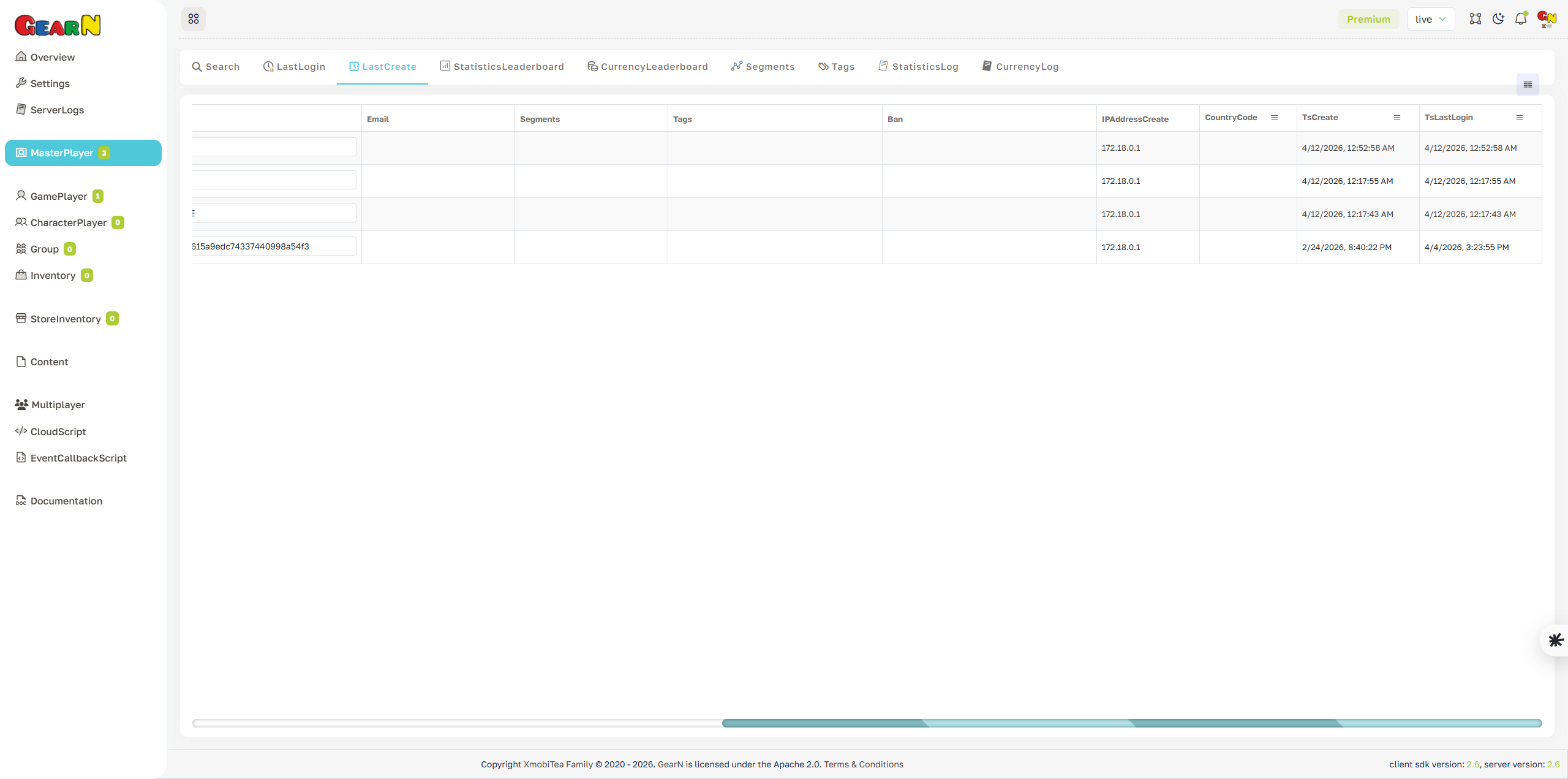 GearN dashboard master player last create screenshot