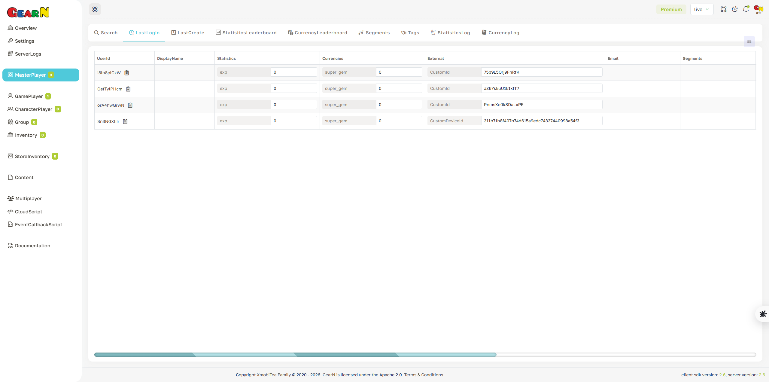 GearN dashboard master player last login screenshot