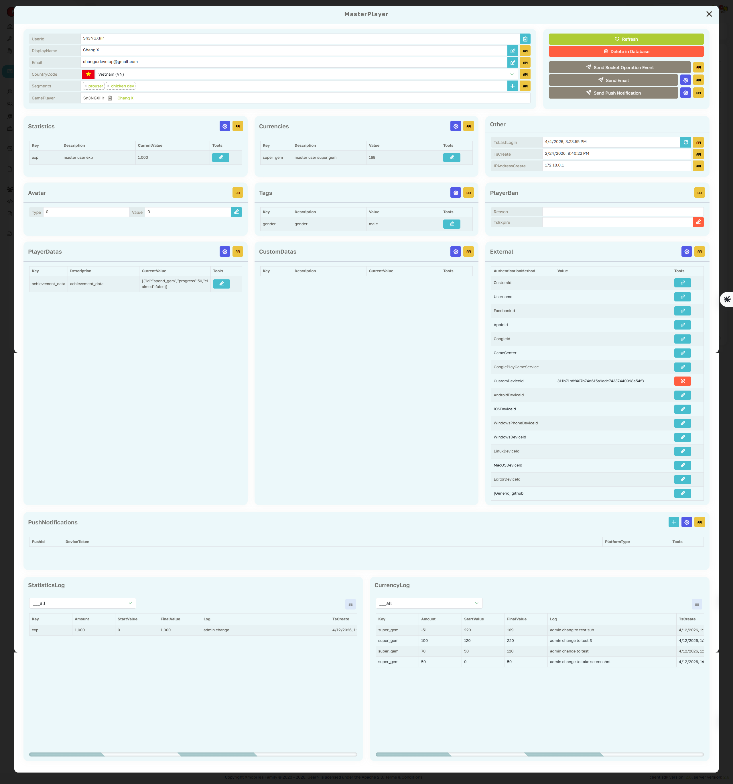 GearN dashboard master player profile page screenshot