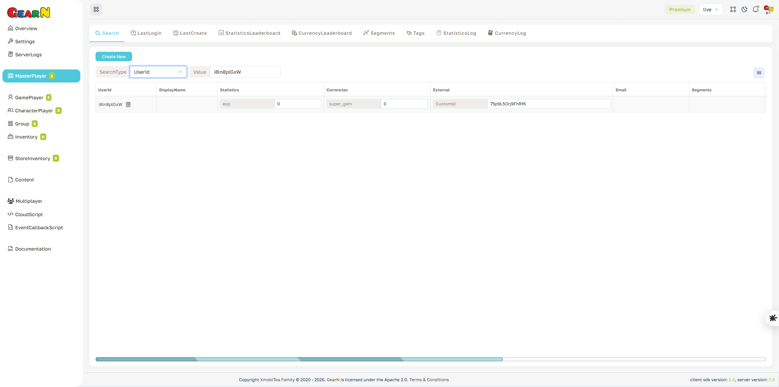 GearN dashboard master player search screenshot