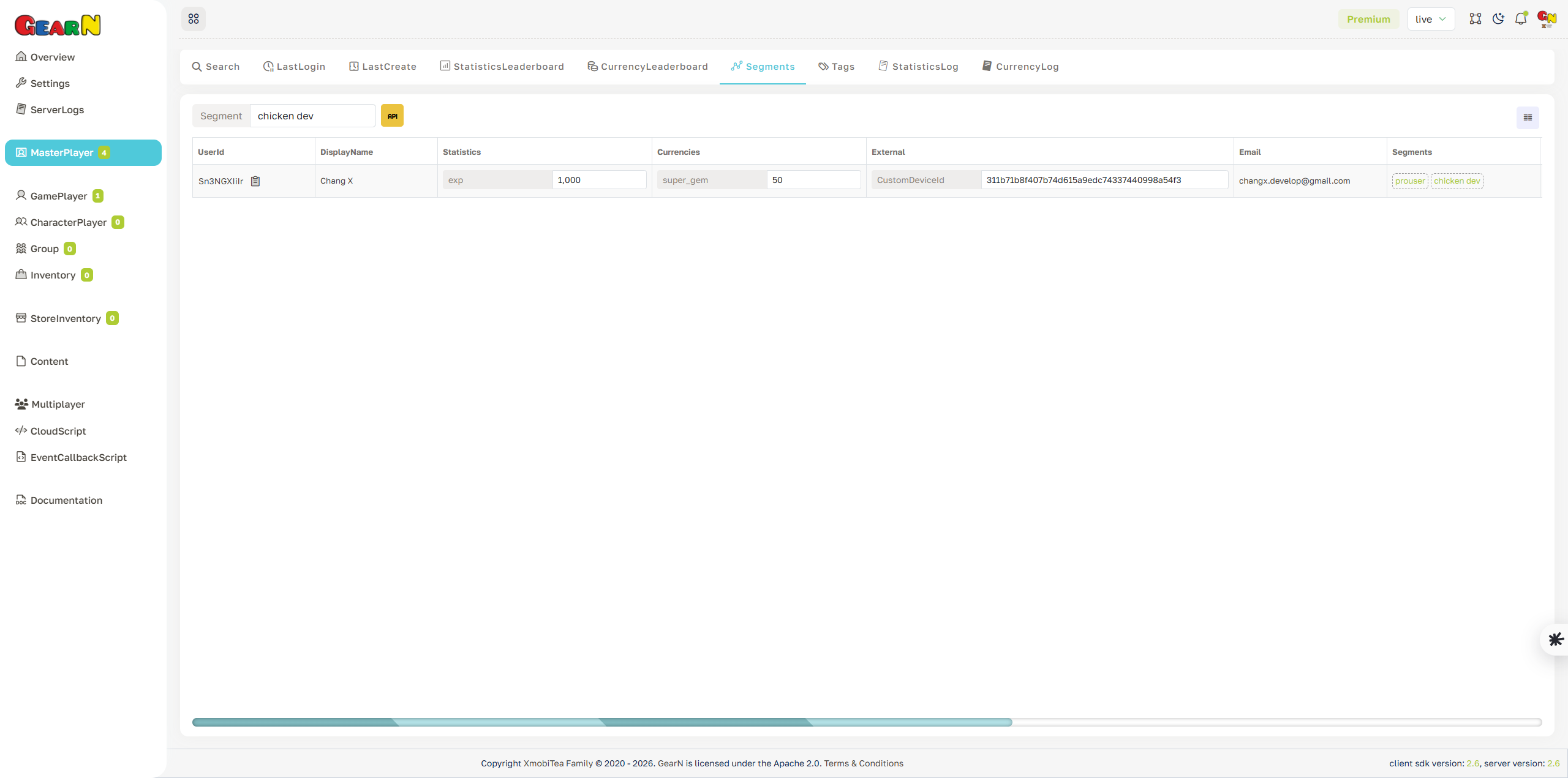 GearN dashboard master player segments screenshot