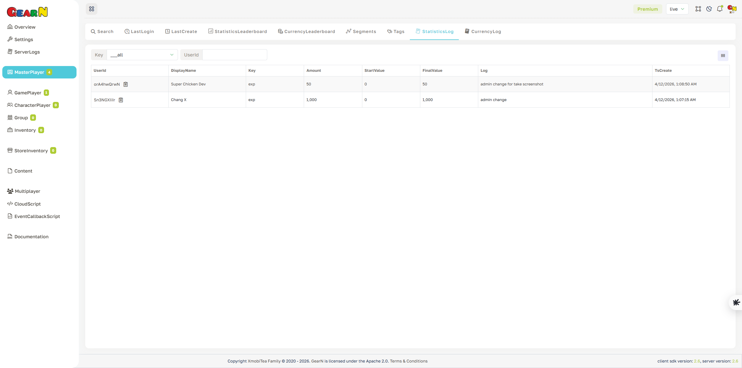 GearN dashboard master player statistics log screenshot