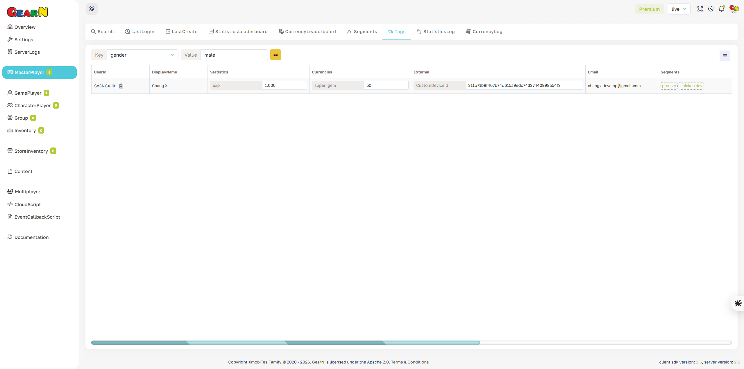 GearN dashboard master player tags screenshot