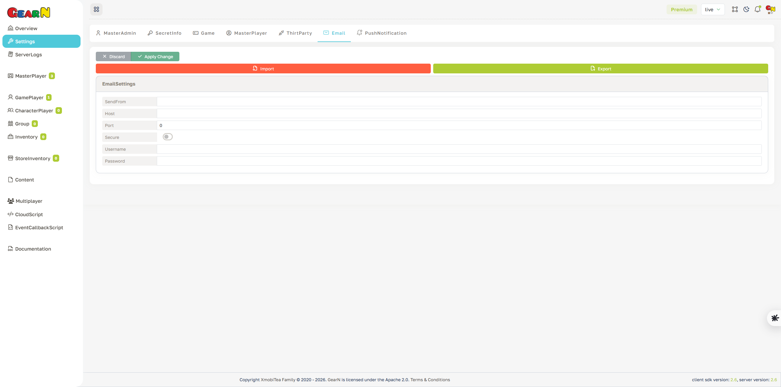 GearN dashboard email settings screenshot