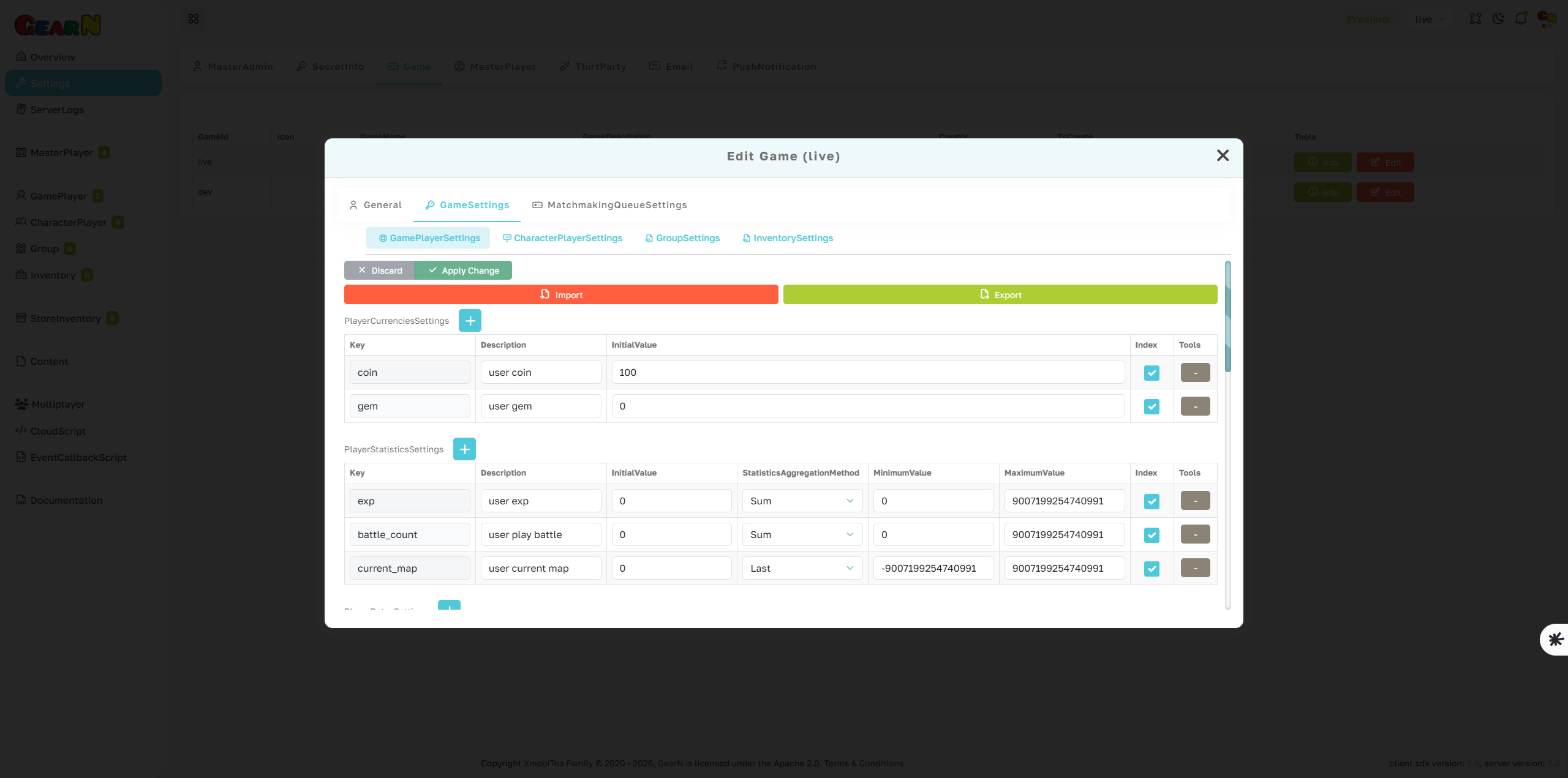 GearN dashboard game settings screenshot