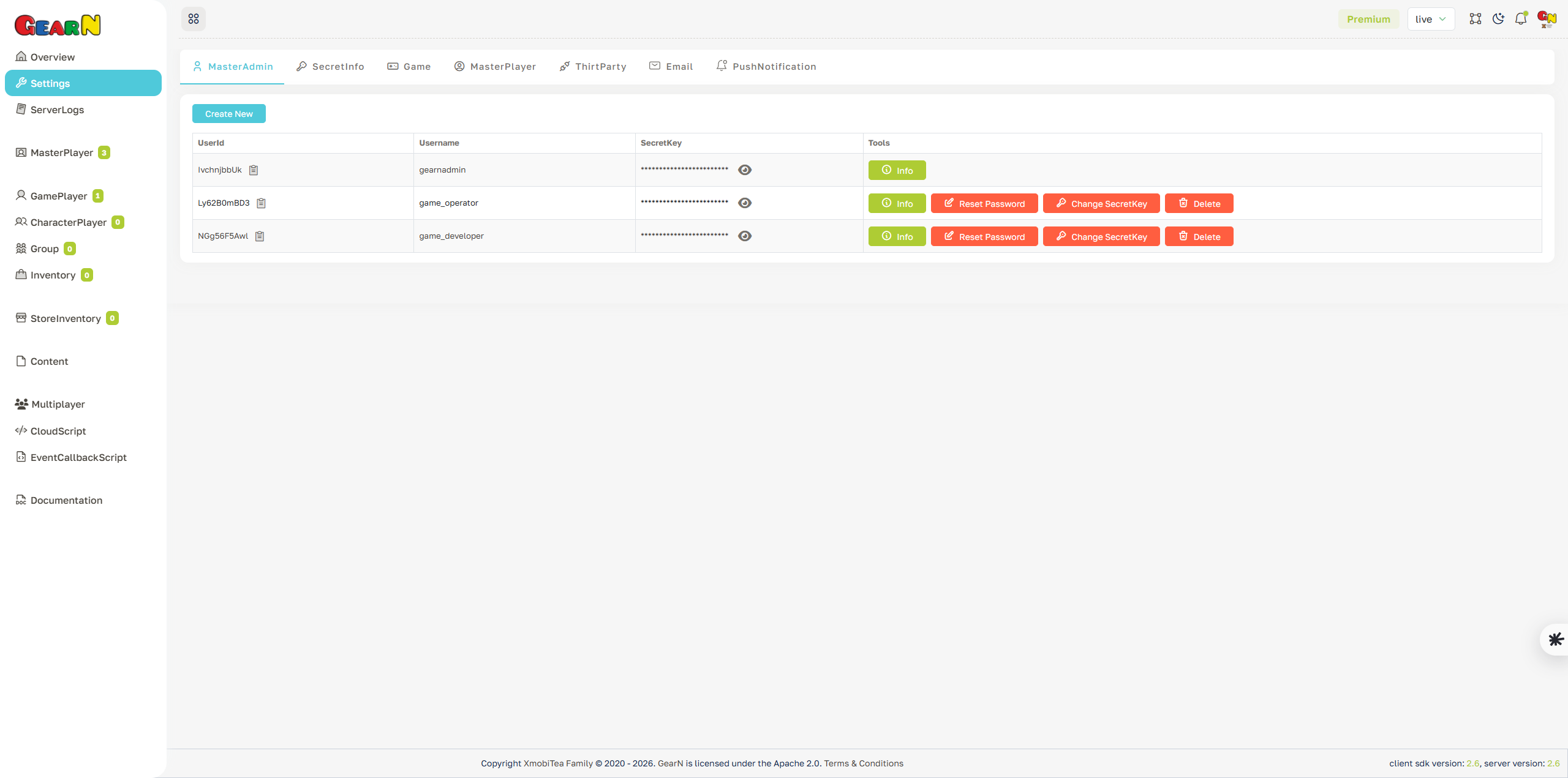 GearN dashboard master admin settings screenshot