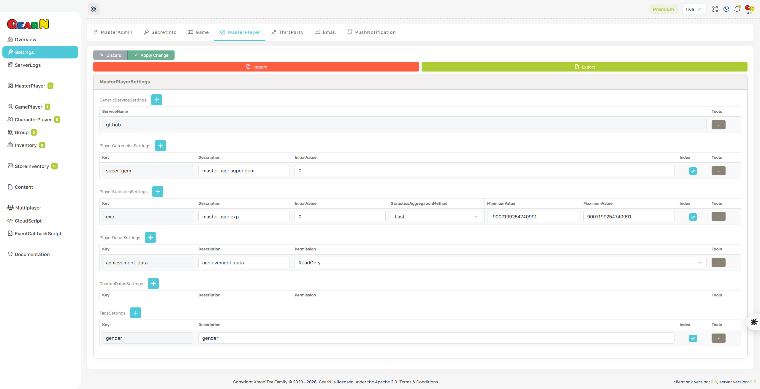 GearN dashboard master player settings screenshot