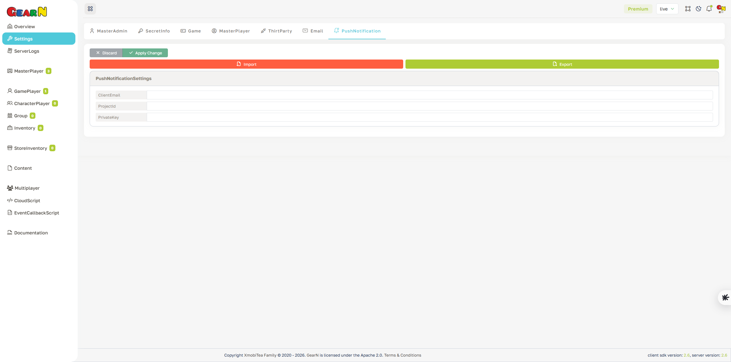 GearN dashboard push notification settings screenshot