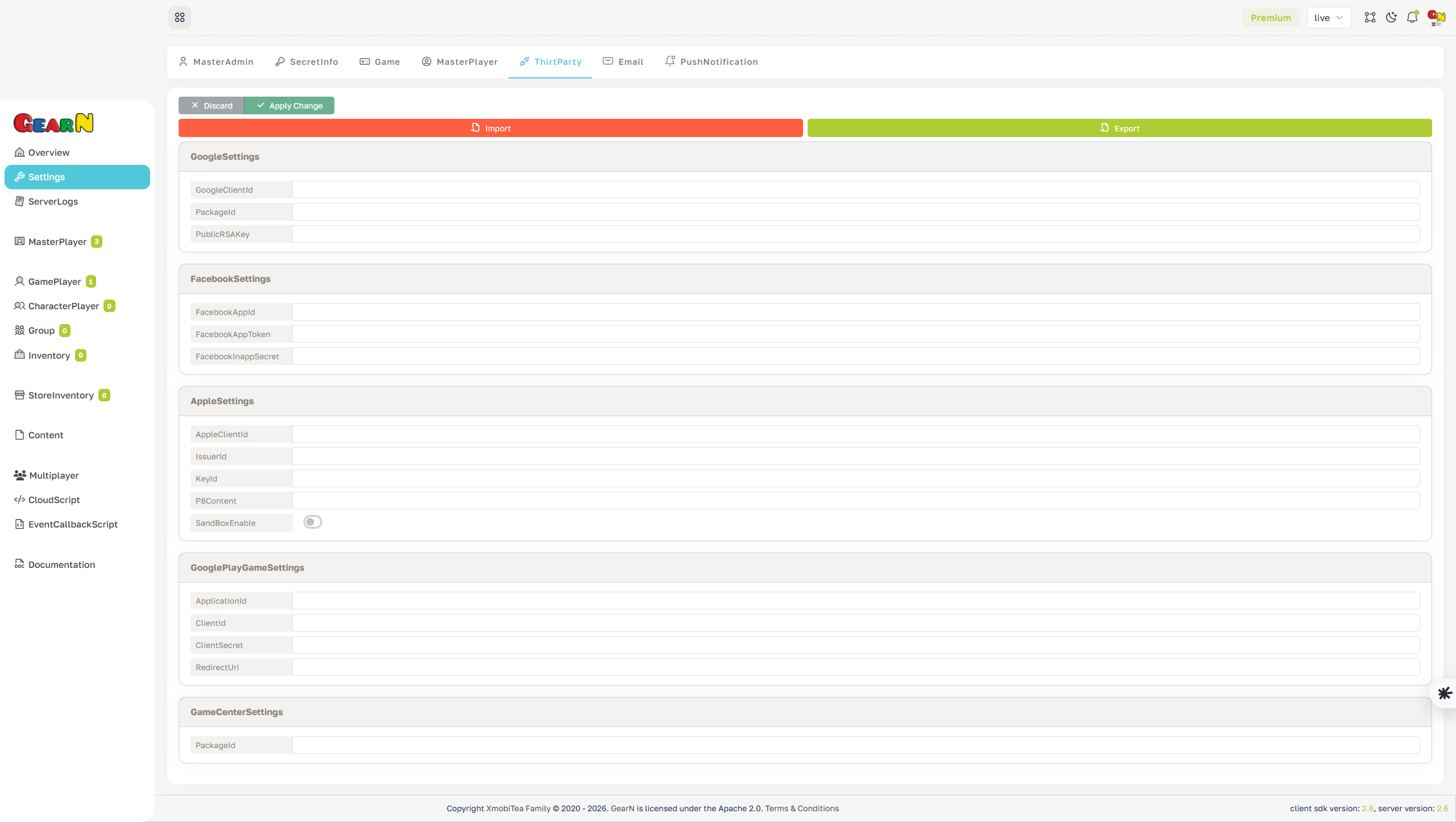GearN dashboard third party settings screenshot